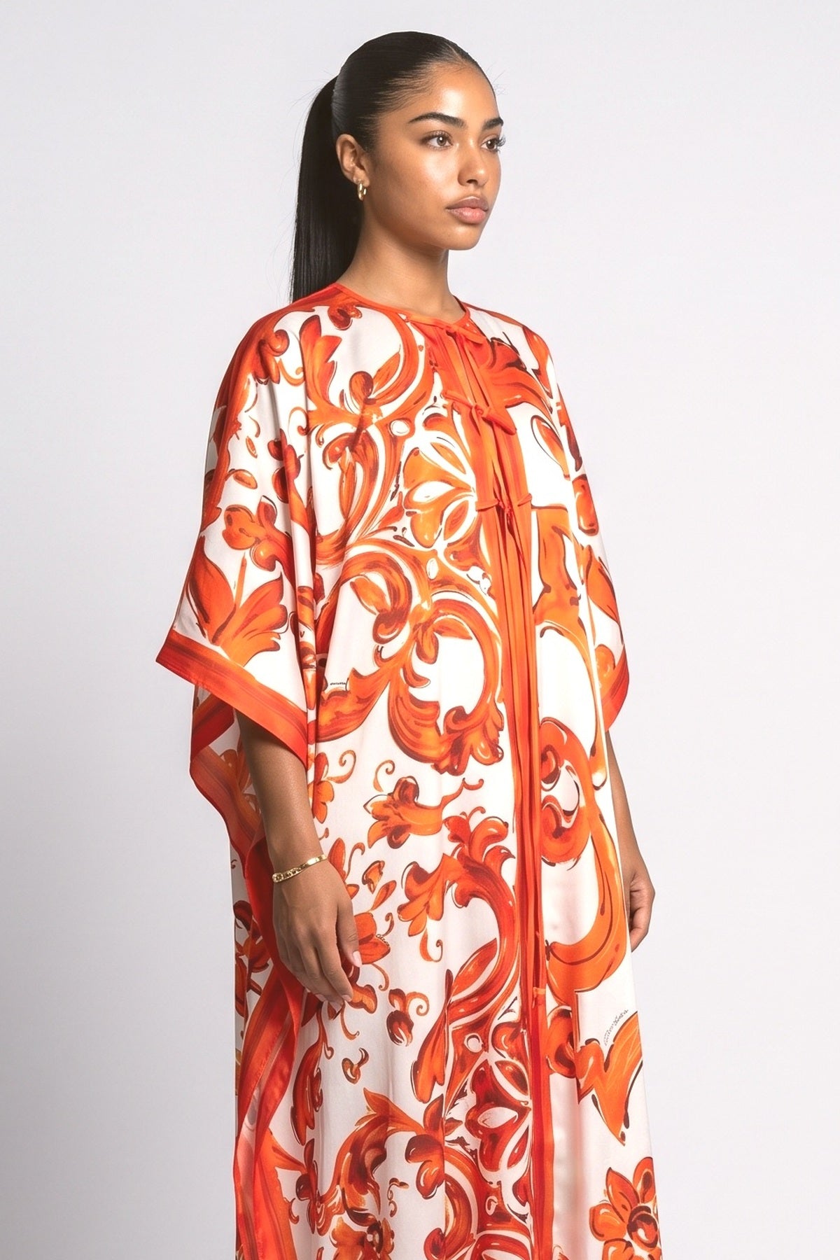 Self-Tie Satin Print Flowing Kaftan Maxi Dress, fabric detail