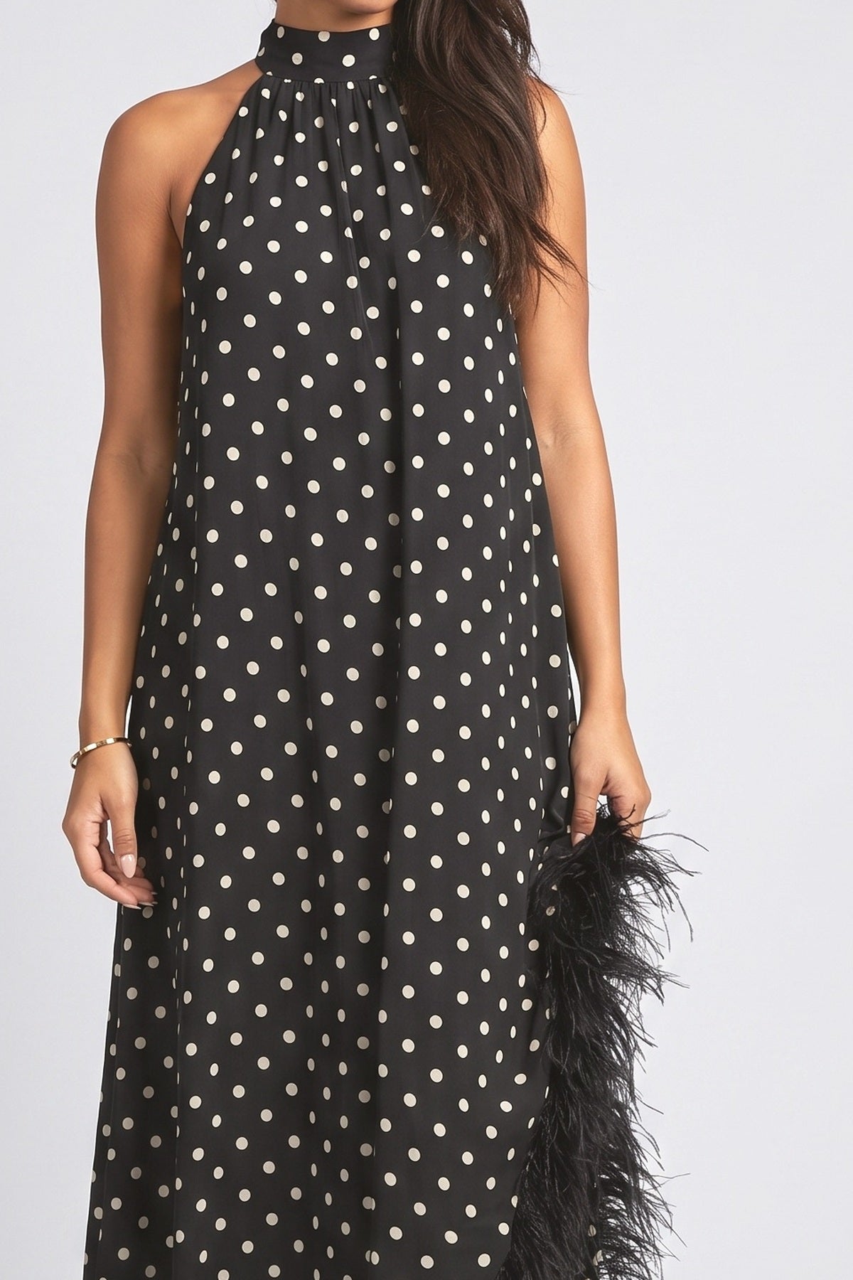 Black Polka Dot Halter Neck Feather Trim Maxi Dress, fabric detail