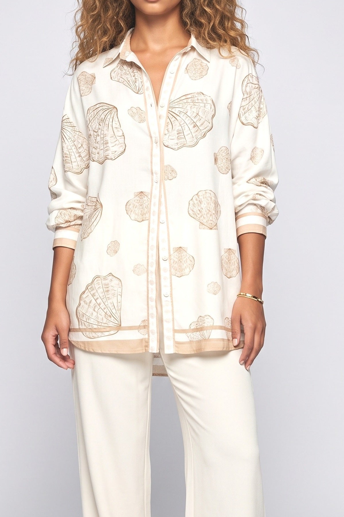 Vacation Shell Print Loose Shirt, fabric detail