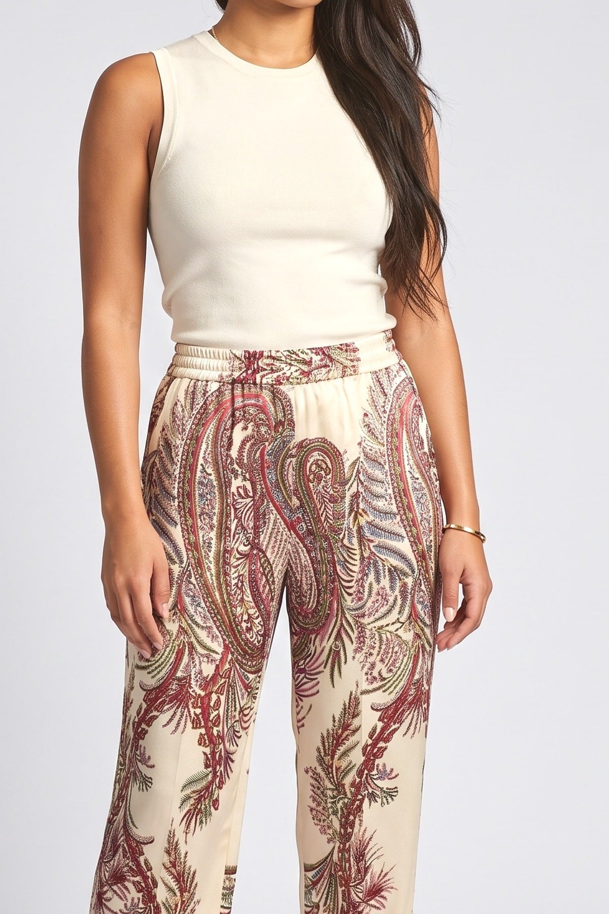 Multicolor Print Satin Relaxed Pants, fabric detail