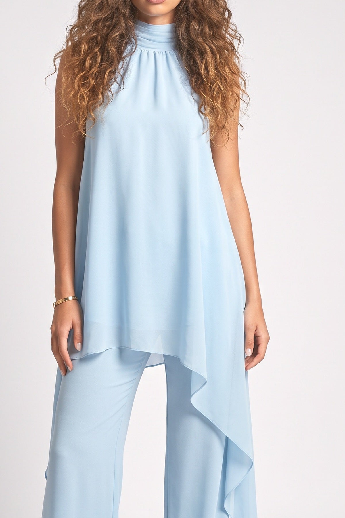Chiffon Halter Neck Asymmetric Outfit Set, fabric detail