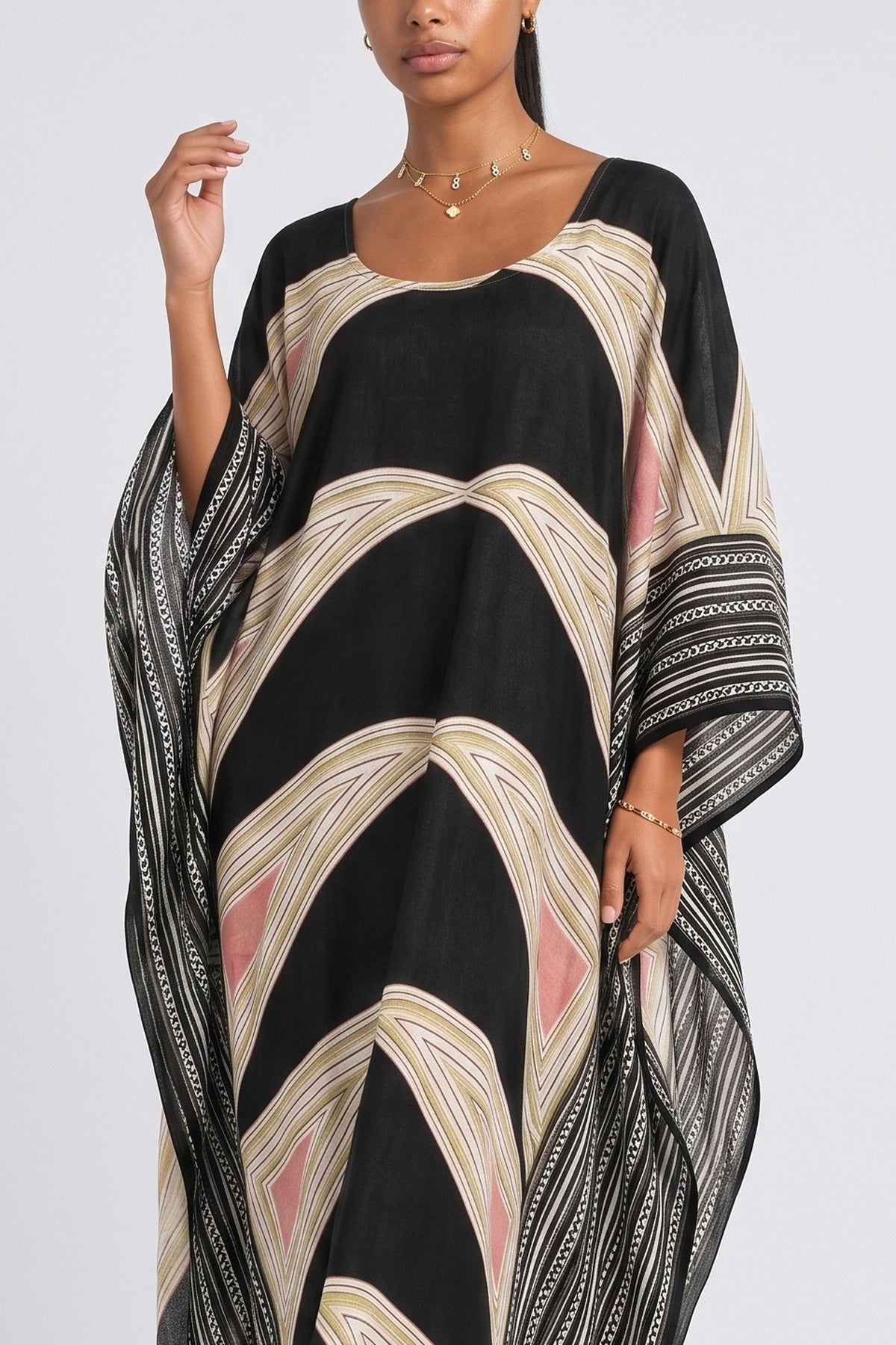 Puzzle Print Kimono Beach Maxi Dress, fabric detail