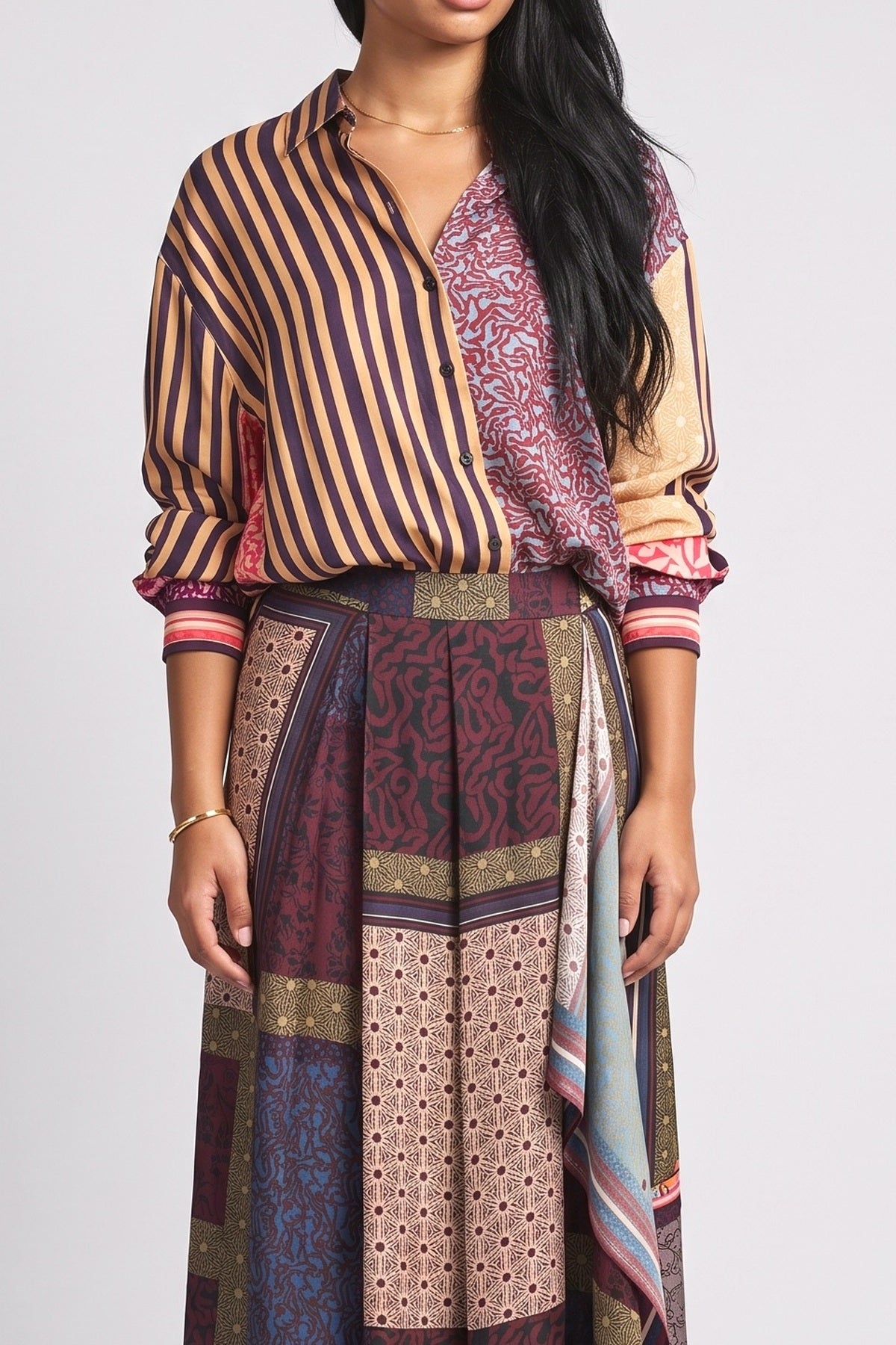 Patchwork Print Shirt & Midi Skirt Two-Piece Set, fabric detail
