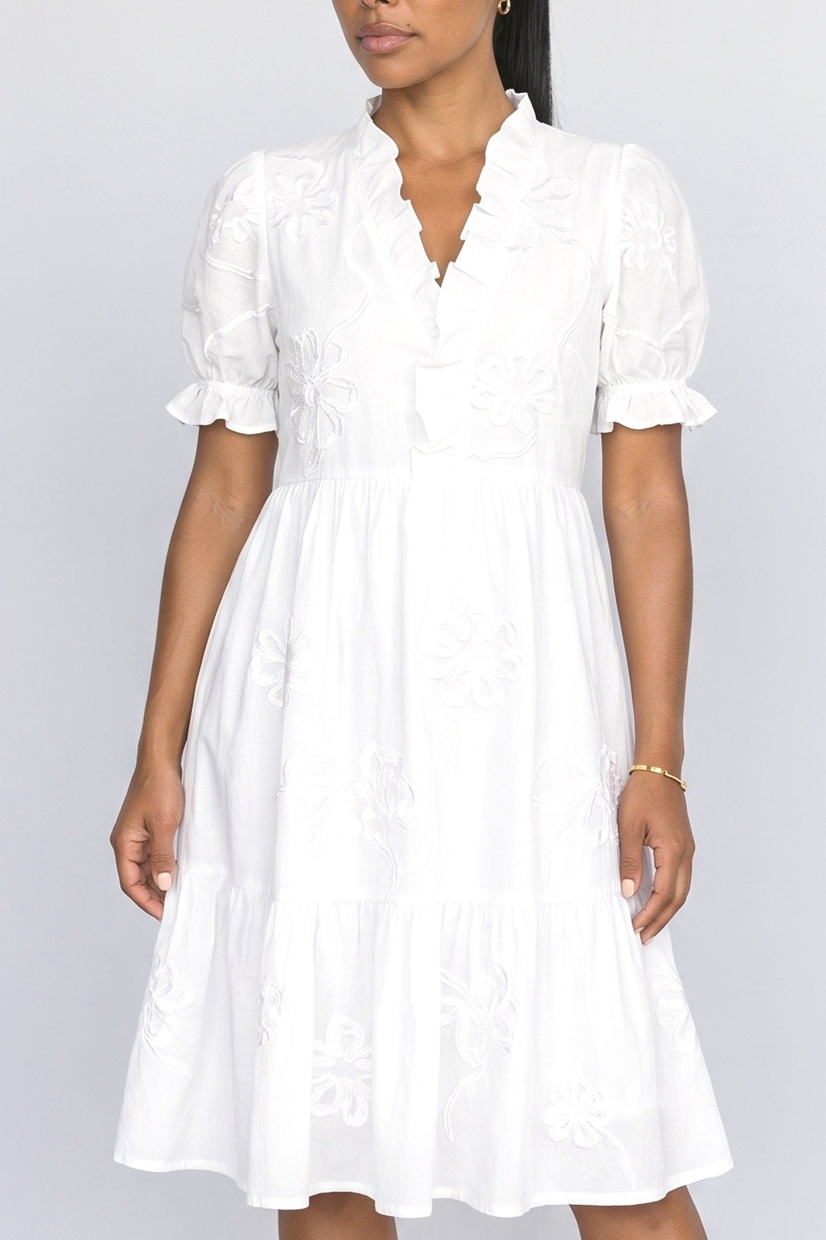 V-Neck Floral Puff Sleeve Midi Dress, fabric detail