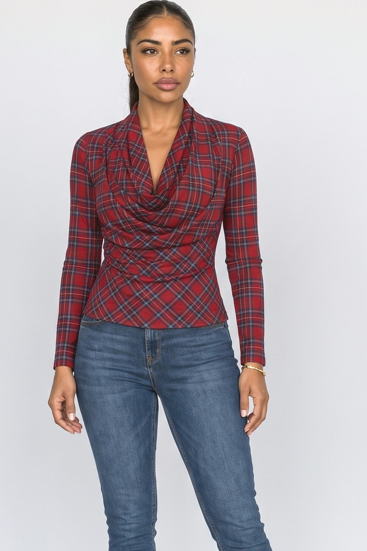 Red Cowl Neck Plaid Blouse, fabric detail