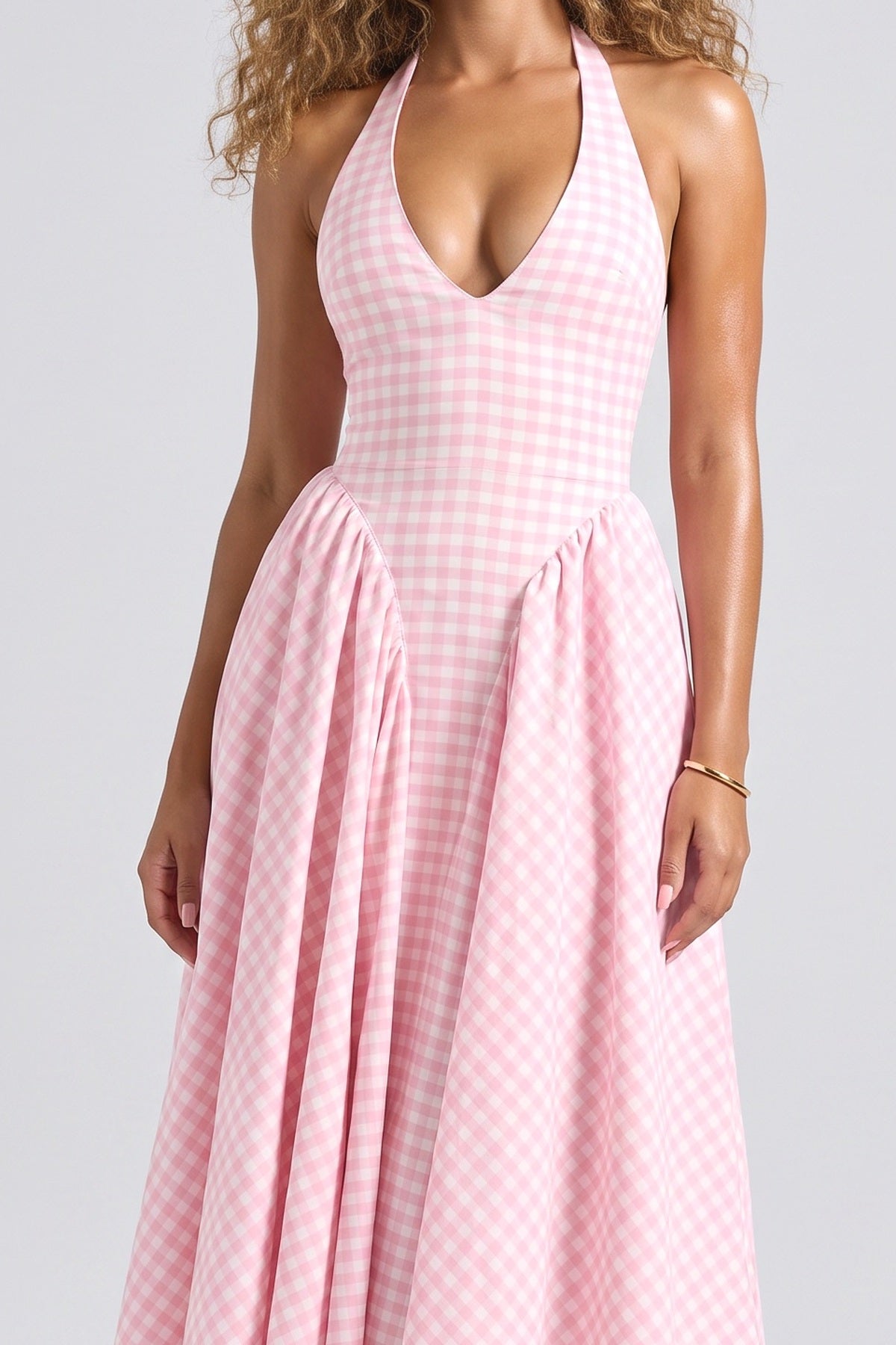 Pink Plaid V-Neck Midi Dress, fabric detail