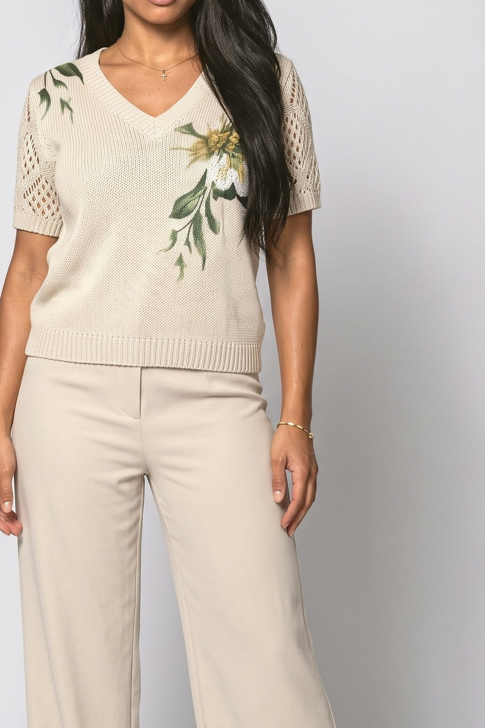 Beige Floral Knit Top, fabric detail
