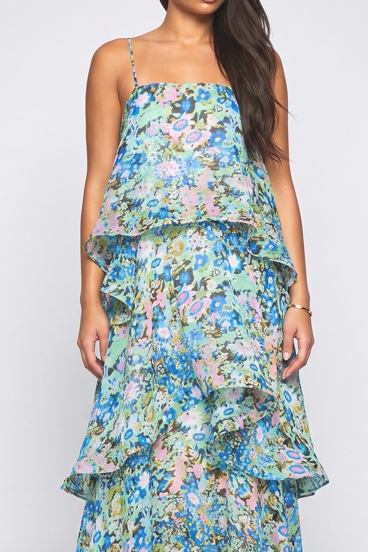 Green Floral Tiered Maxi Dress, fabric detail