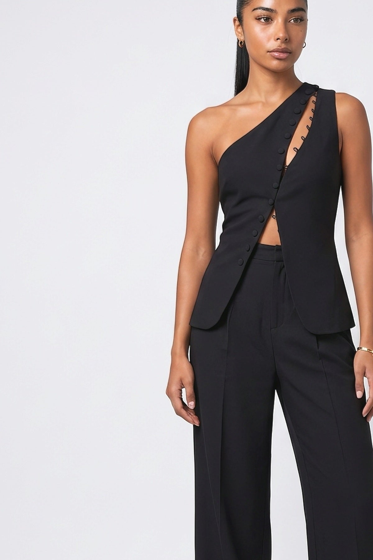 Black One-Shoulder Outfit Set, fabric detail