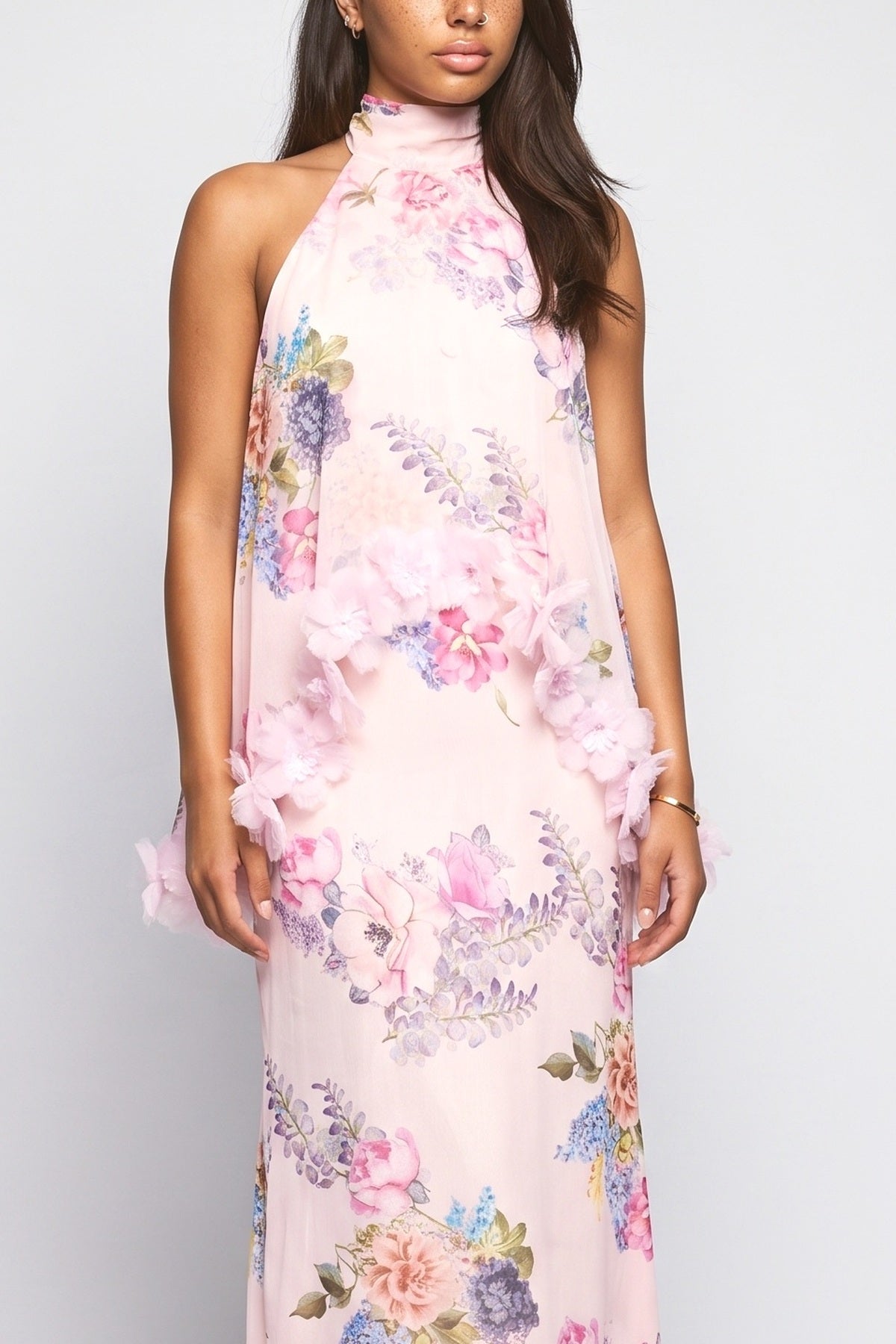 Pink Floral Halter Neck Maxi Dress, fabric detail