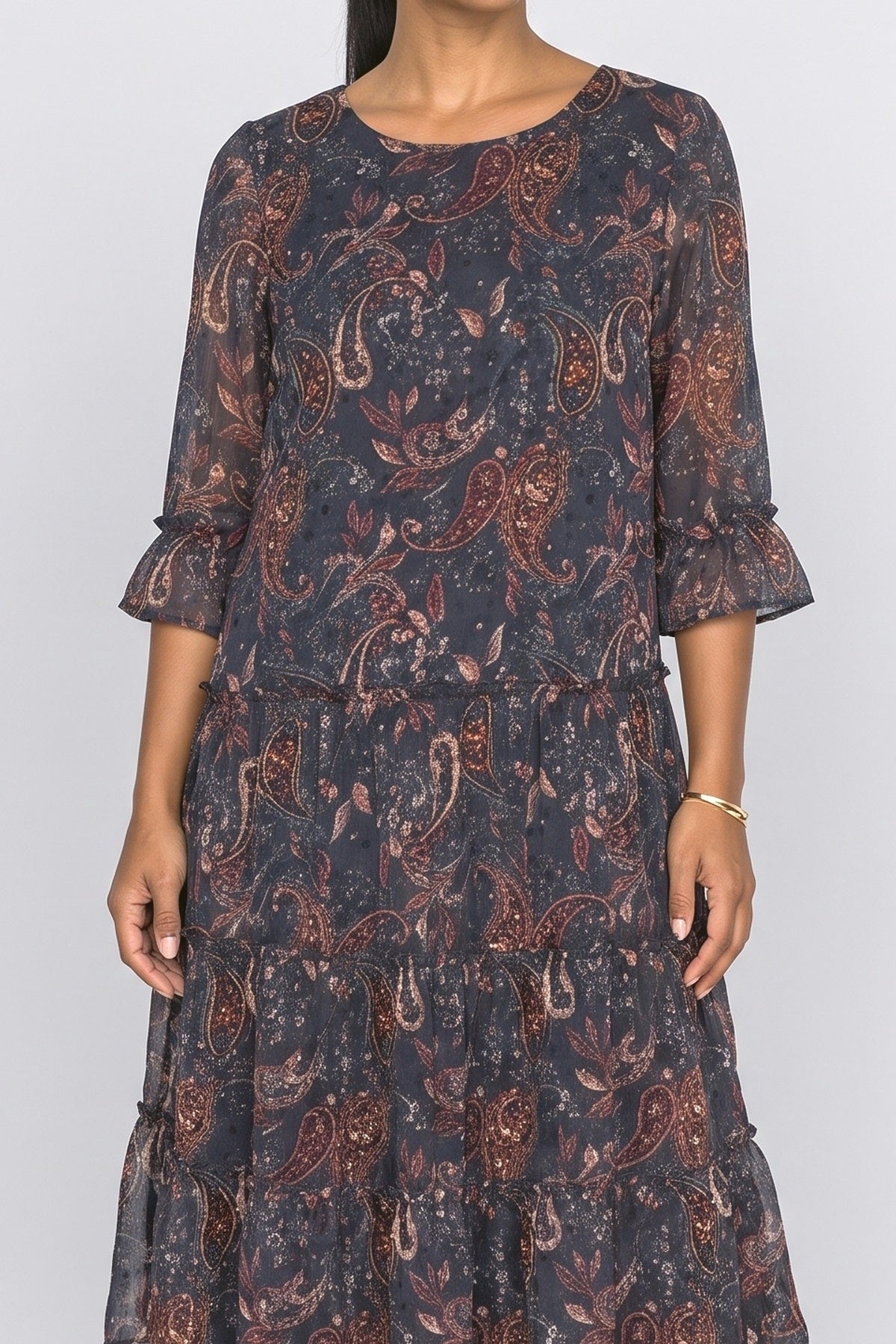 Chiffon Paisley Tiered Midi Dress, fabric detail