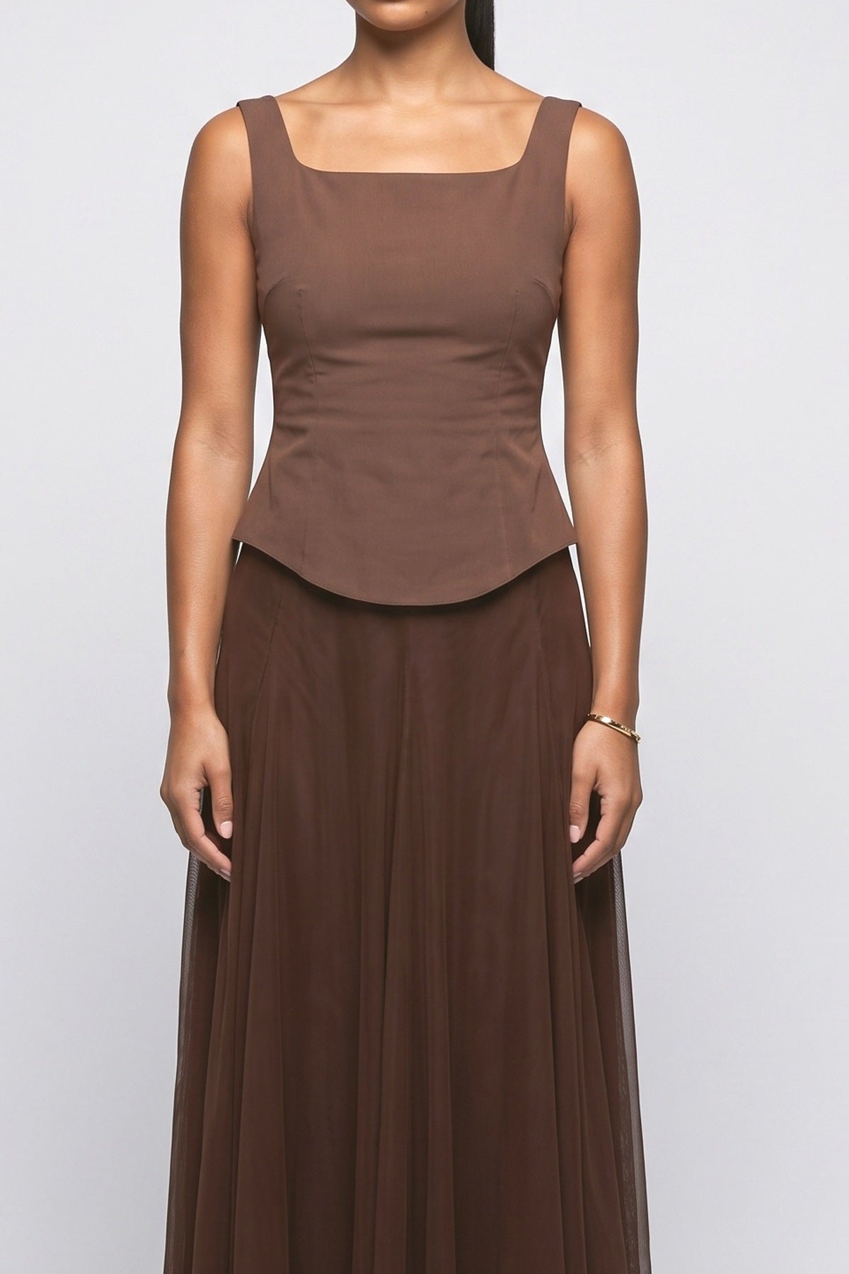 Brown Square Neck Outfit Set, fabric detail