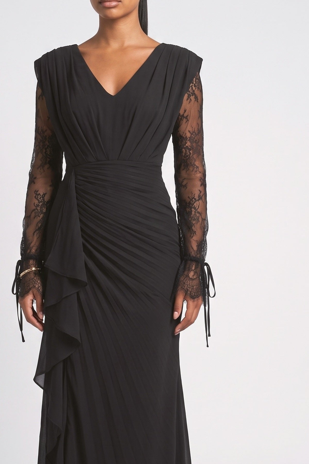 Black Lace Pleated Maxi Dress, fabric detail