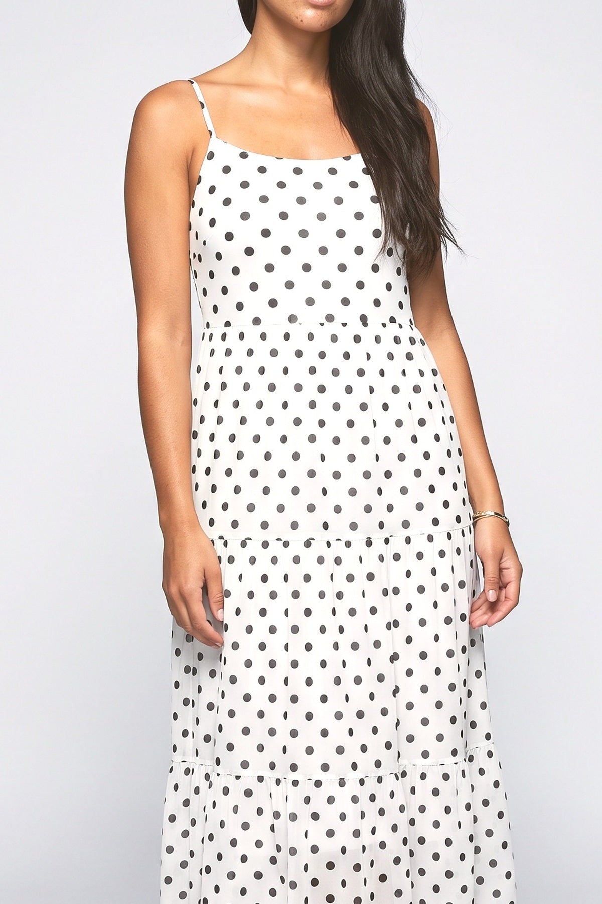 Sheer Polka Dot Tiered Midi Dress, fabric detail