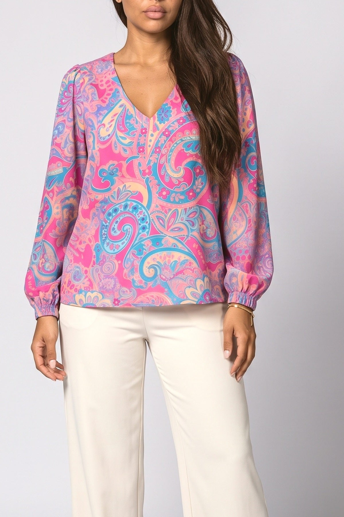V-Neck Puff Sleeve Relaxed Blouse, fabric detail