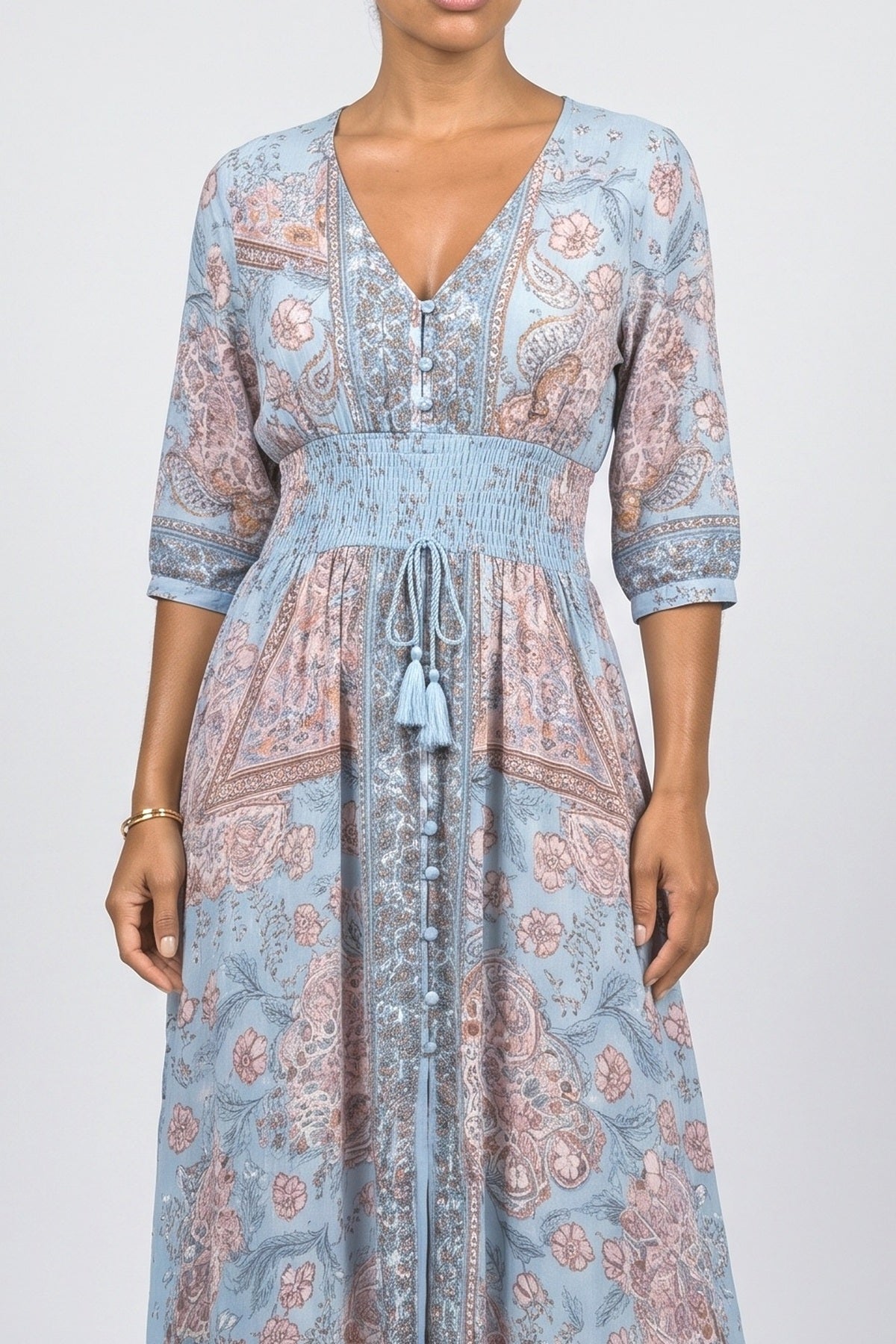 V-Neck Floral Flowy Maxi Dress, fabric detail