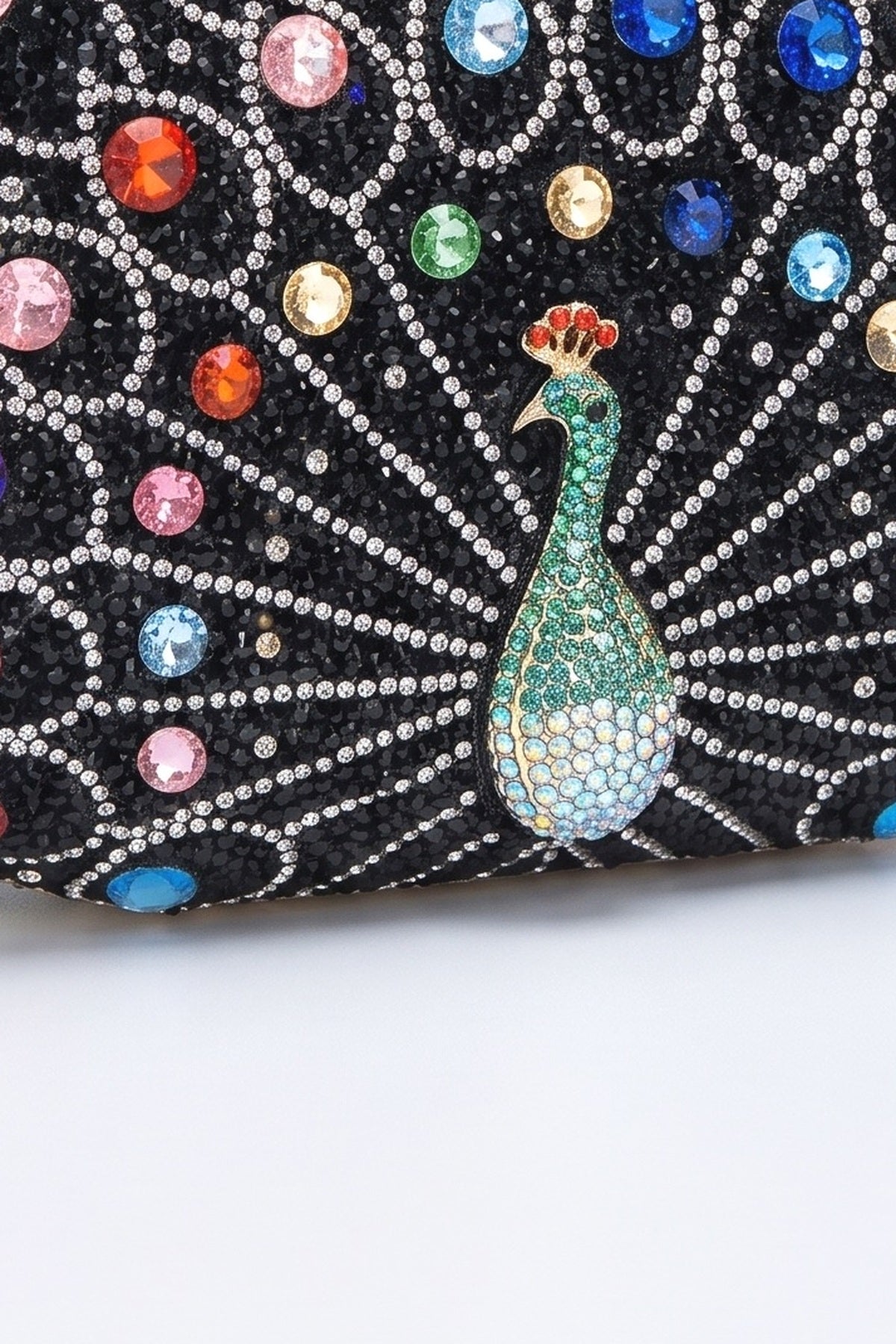 Peacock Rhinestone Party Clutch Bag, fabric detail