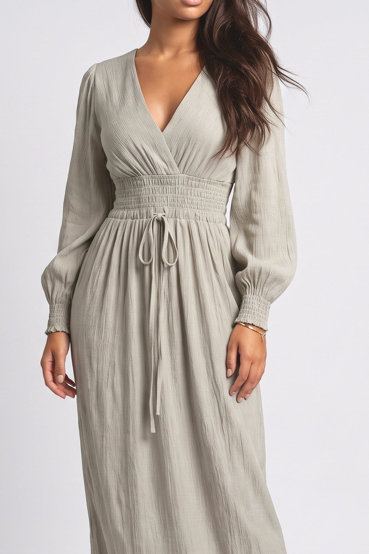 Beige V-Neck Ruched Maxi Dress, fabric detail