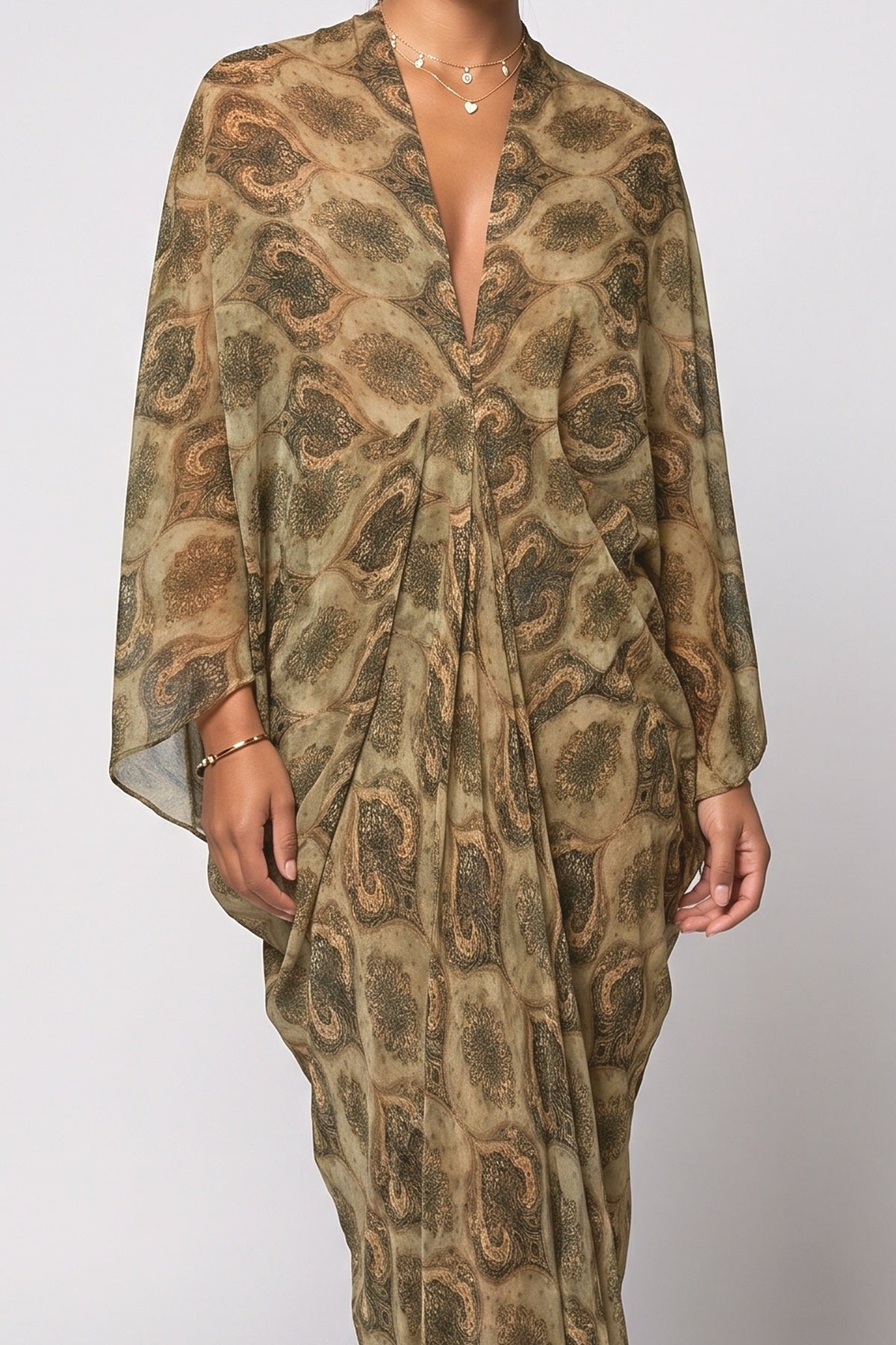 Green Paisley V-Neck Draped Maxi Dress, fabric detail