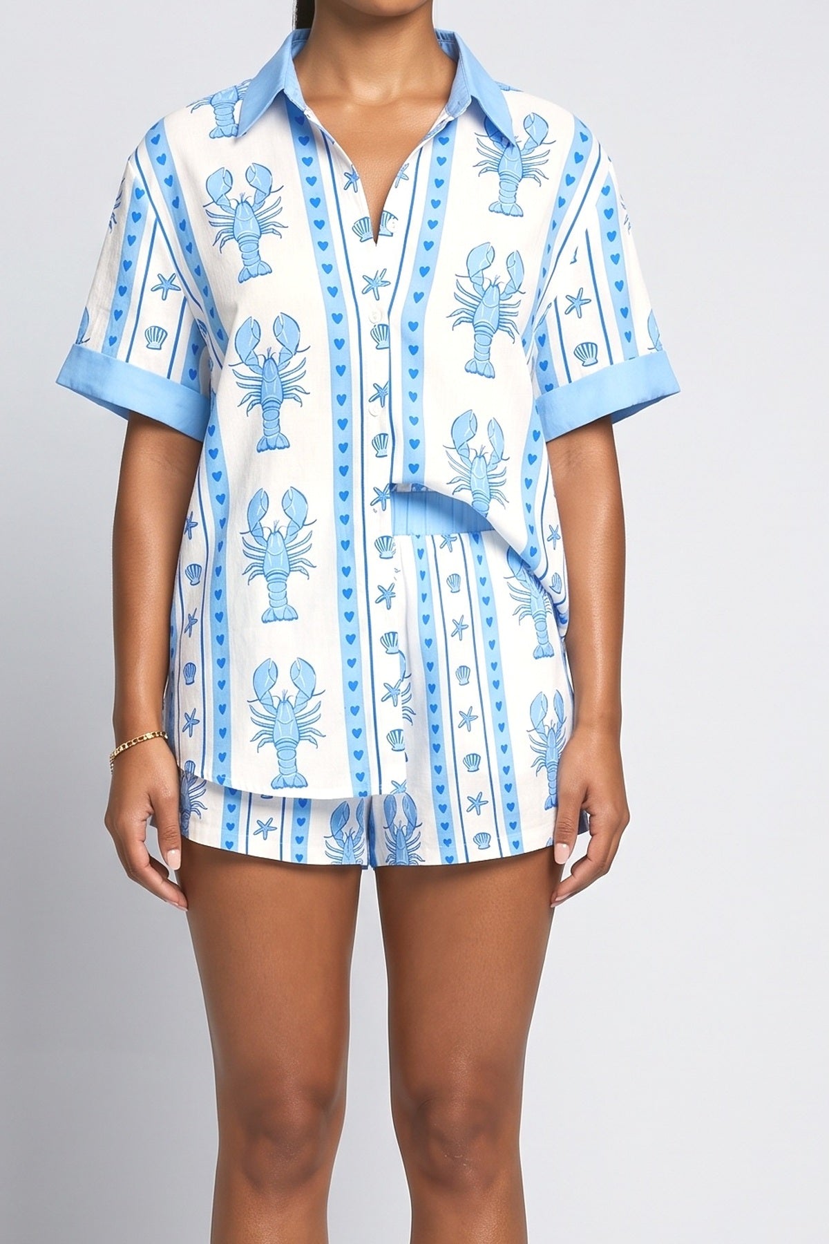 Vacation Lobster Print Shorts Two-Piece Set, fabric detail