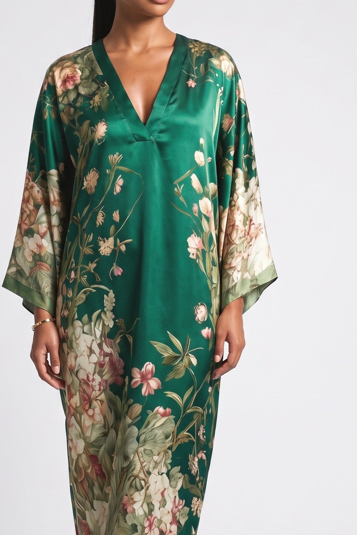 Green Floral Batwing Sleeve Maxi Dress, fabric detail