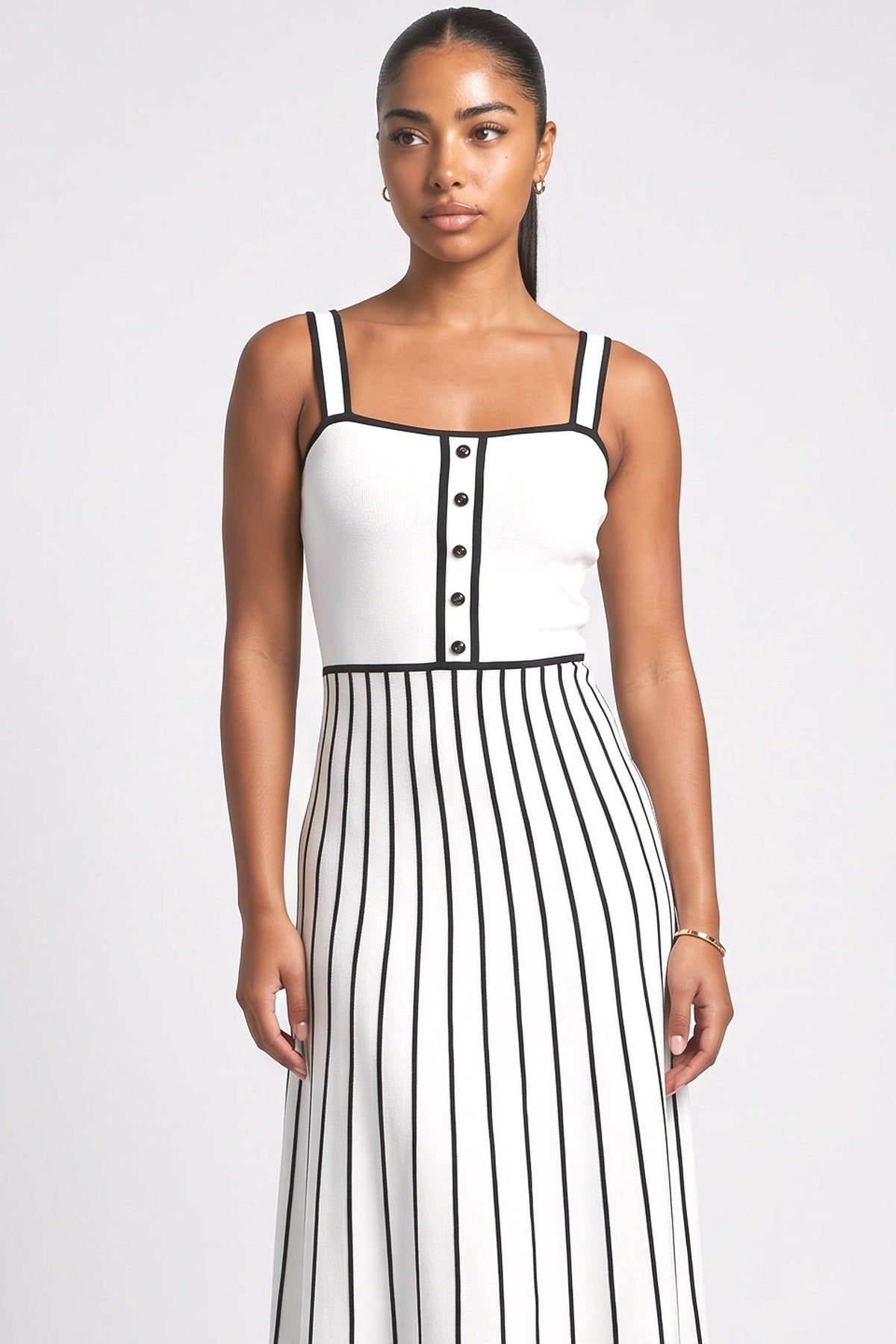 White Striped Knit Midi Dress, fabric detail