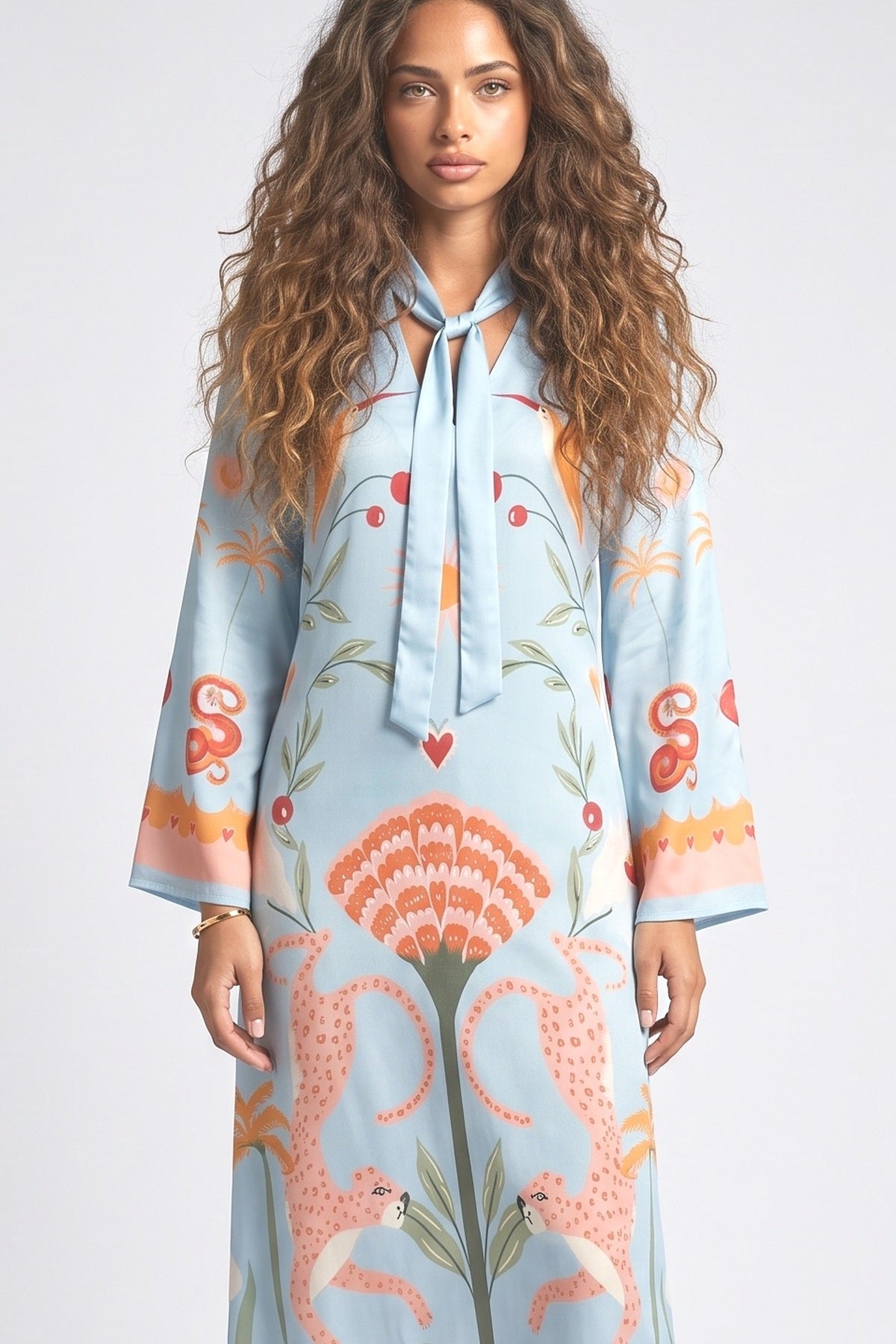Azure Dream Printed Tie Neck Maxi Dress, fabric detail