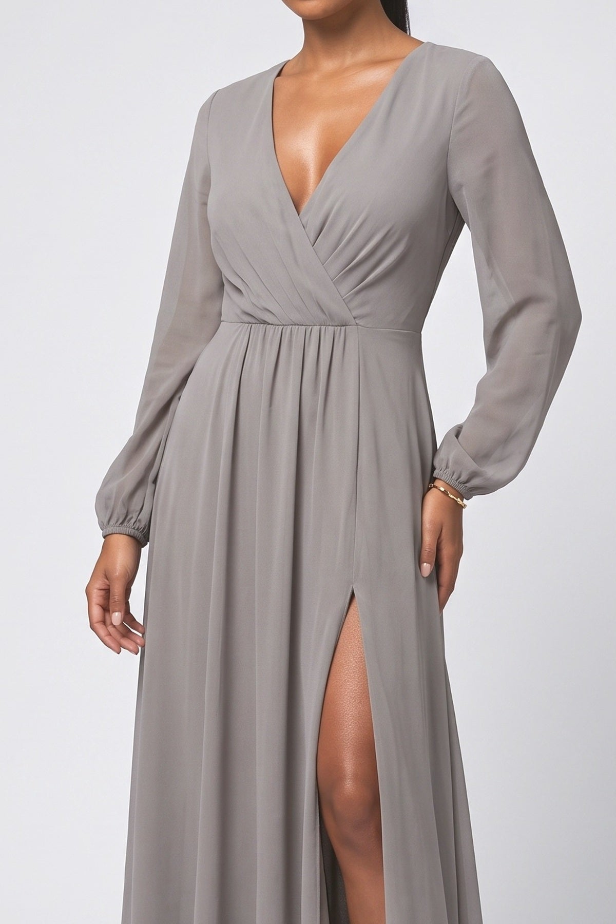 Pink Chiffon V-Neck Maxi Dress, fabric detail