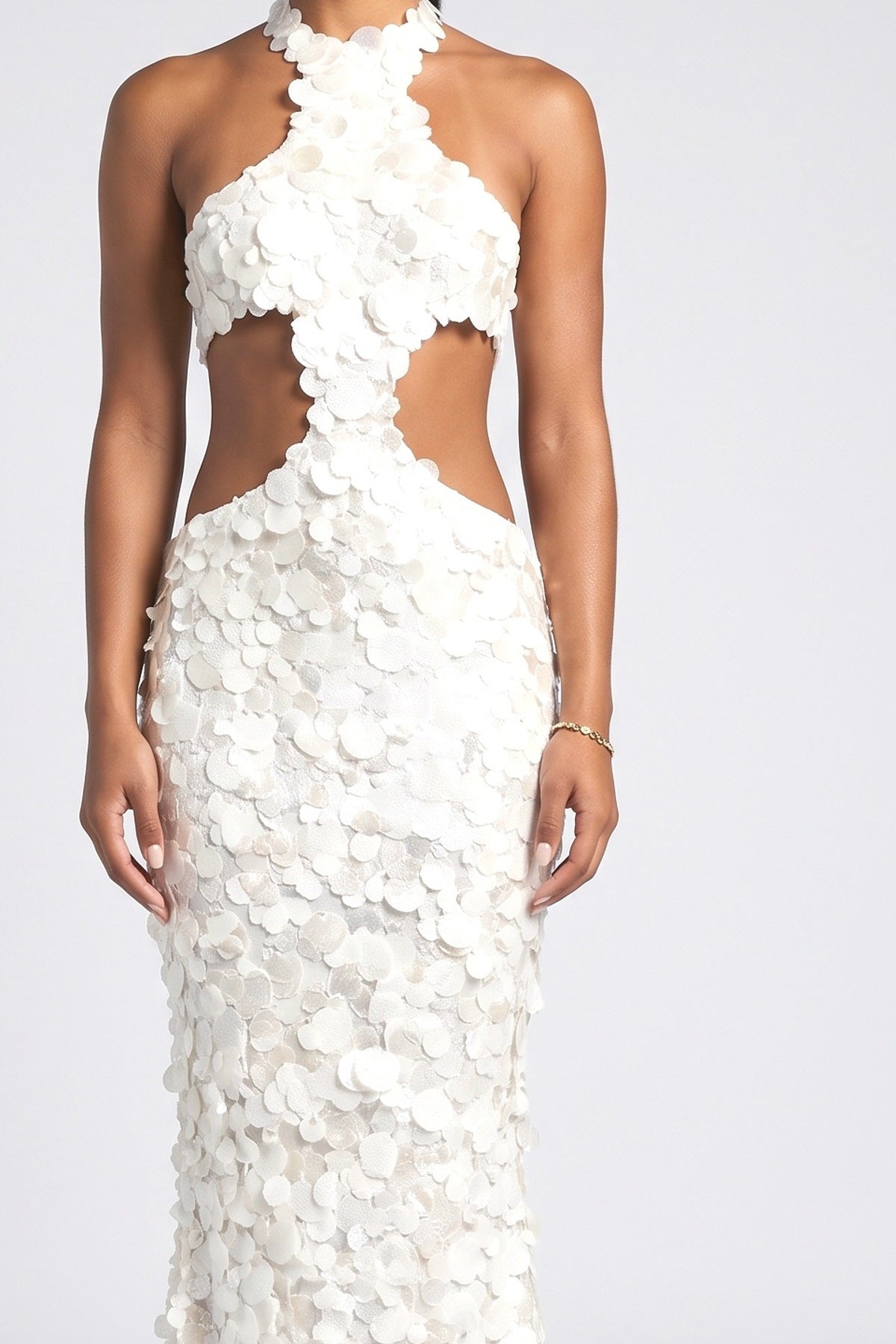 White Sequin Halter Neck Mermaid Maxi Dress, fabric detail