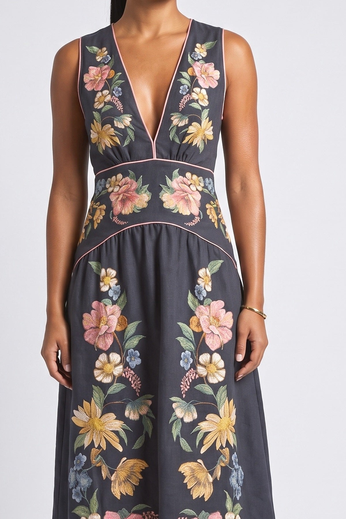 Blue Floral V-Neck Sleeveless Midi Dress, fabric detail