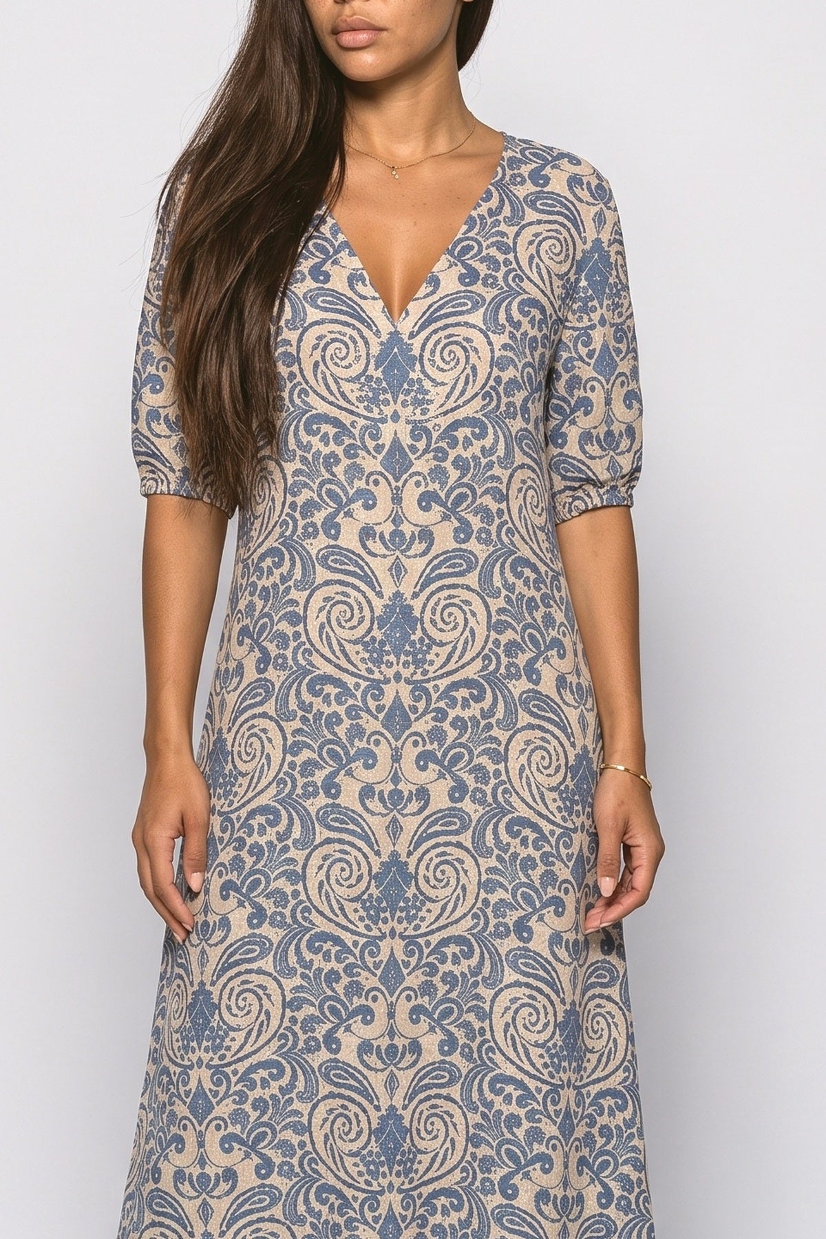 V-Neck Paisley A-Line Maxi Dress, fabric detail