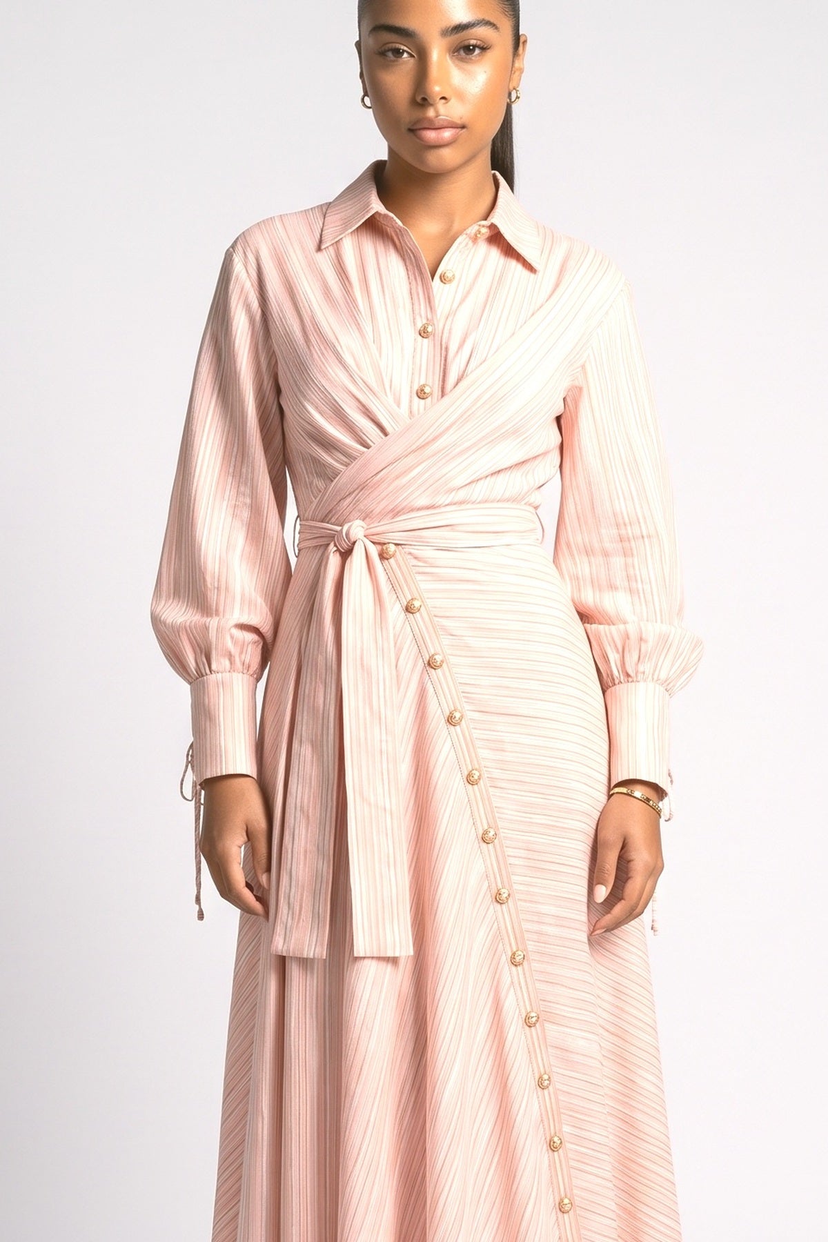 Pink Stripe Print Long Sleeve Waist Tie Maxi Shirt Dress, fabric detail