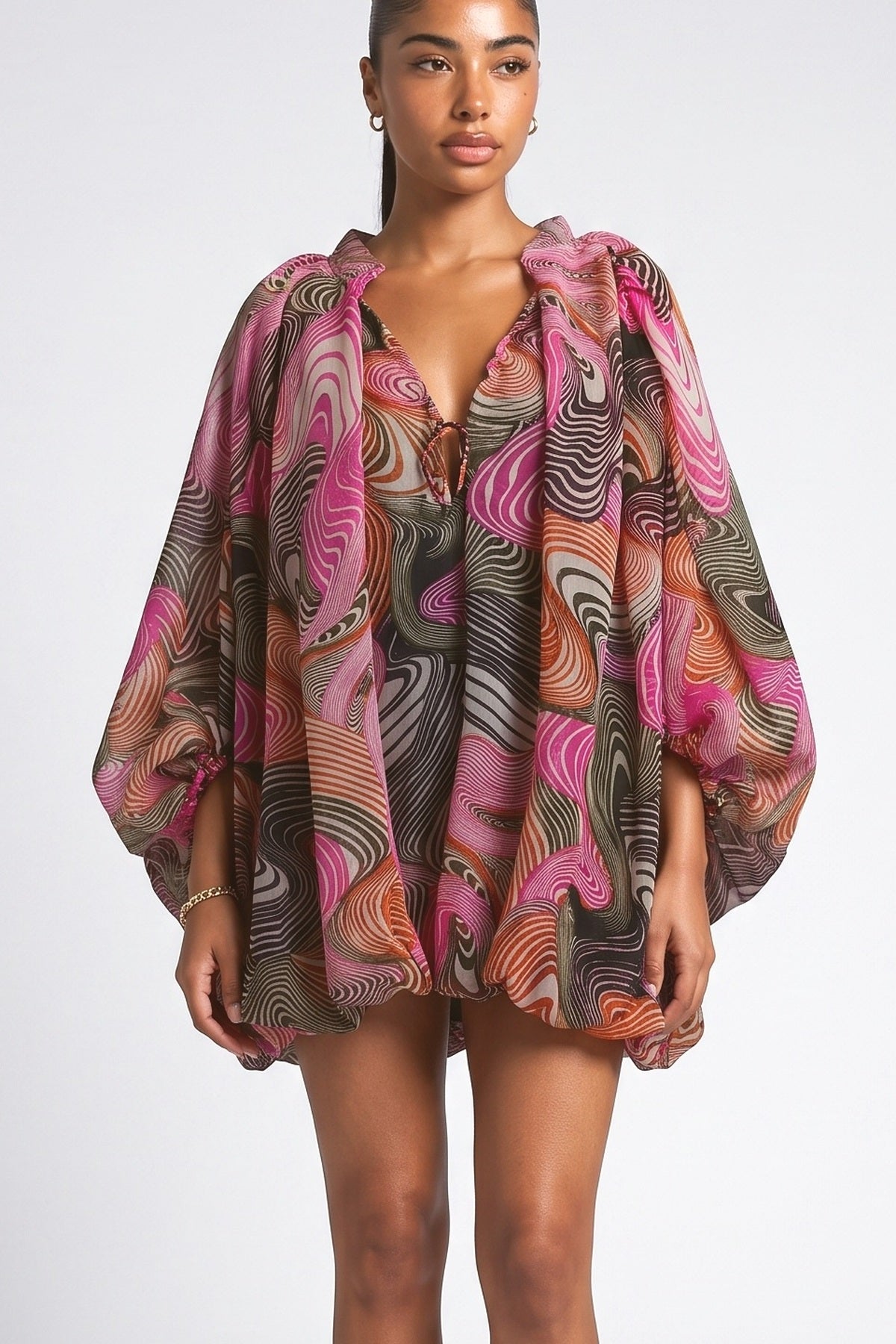 Playful Art Print Bubble Mini Dress, fabric detail