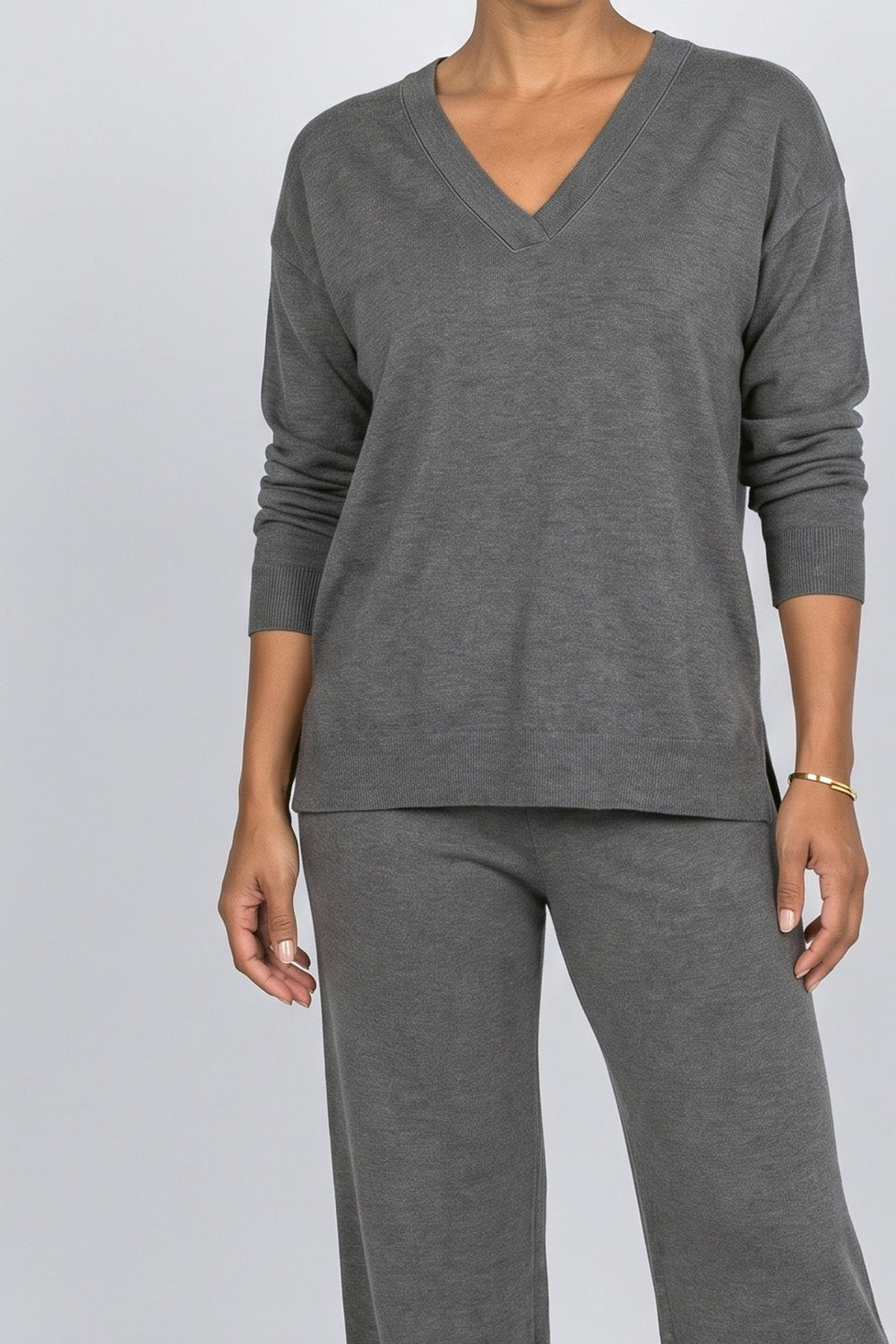 Knit V-Neck Pants Set Women, fabric detail