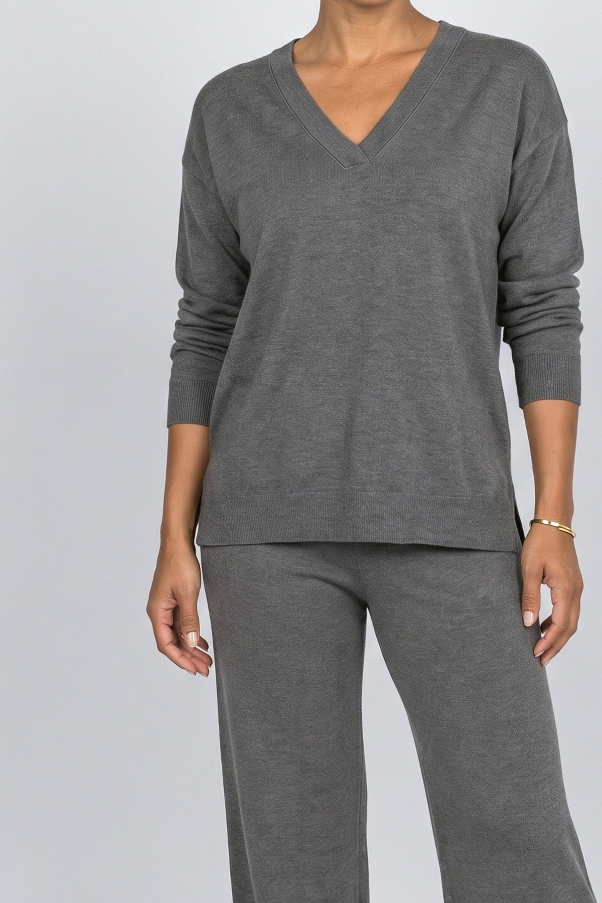 Knit V-Neck Pants Set Women, fabric detail