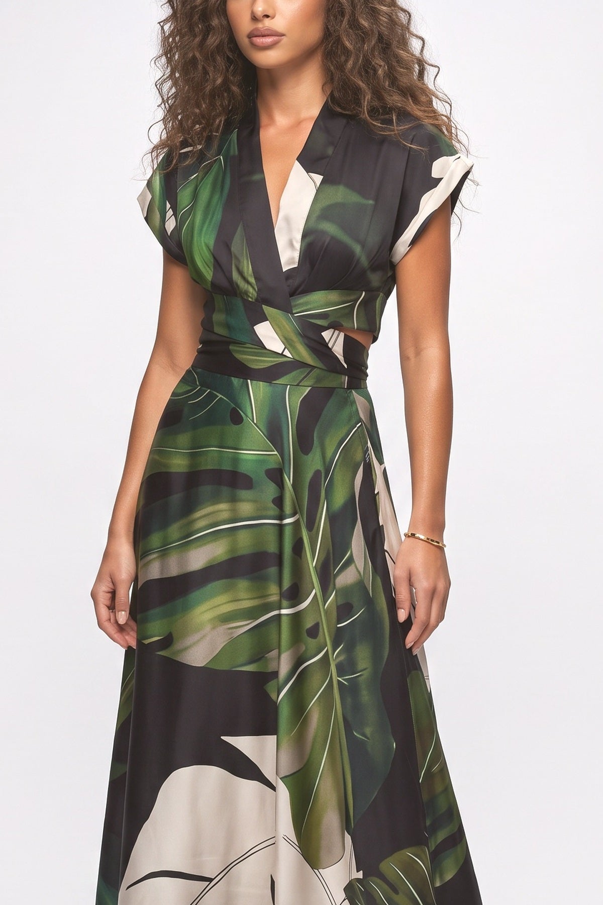 Bohemian Palm Leaf Print Maxi Dress, fabric detail