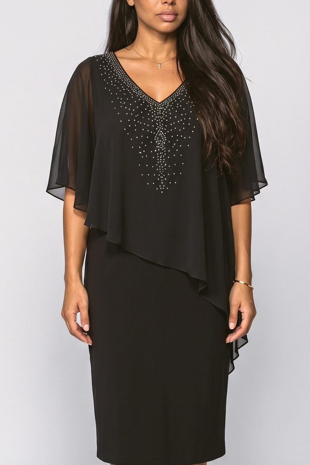 Chiffon V-Neck Cape Midi Dress, fabric detail