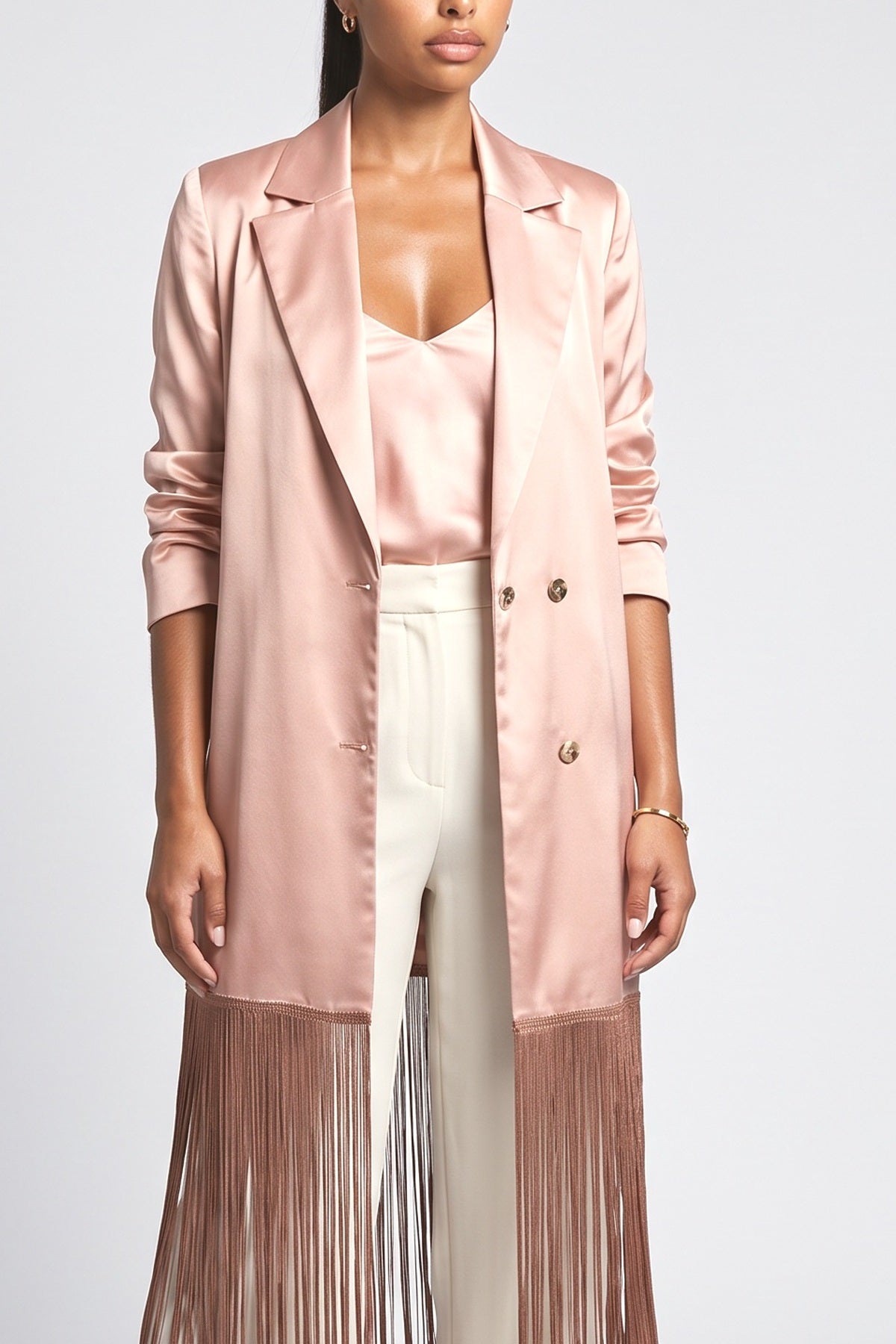 Pink Satin Fringe Top, fabric detail