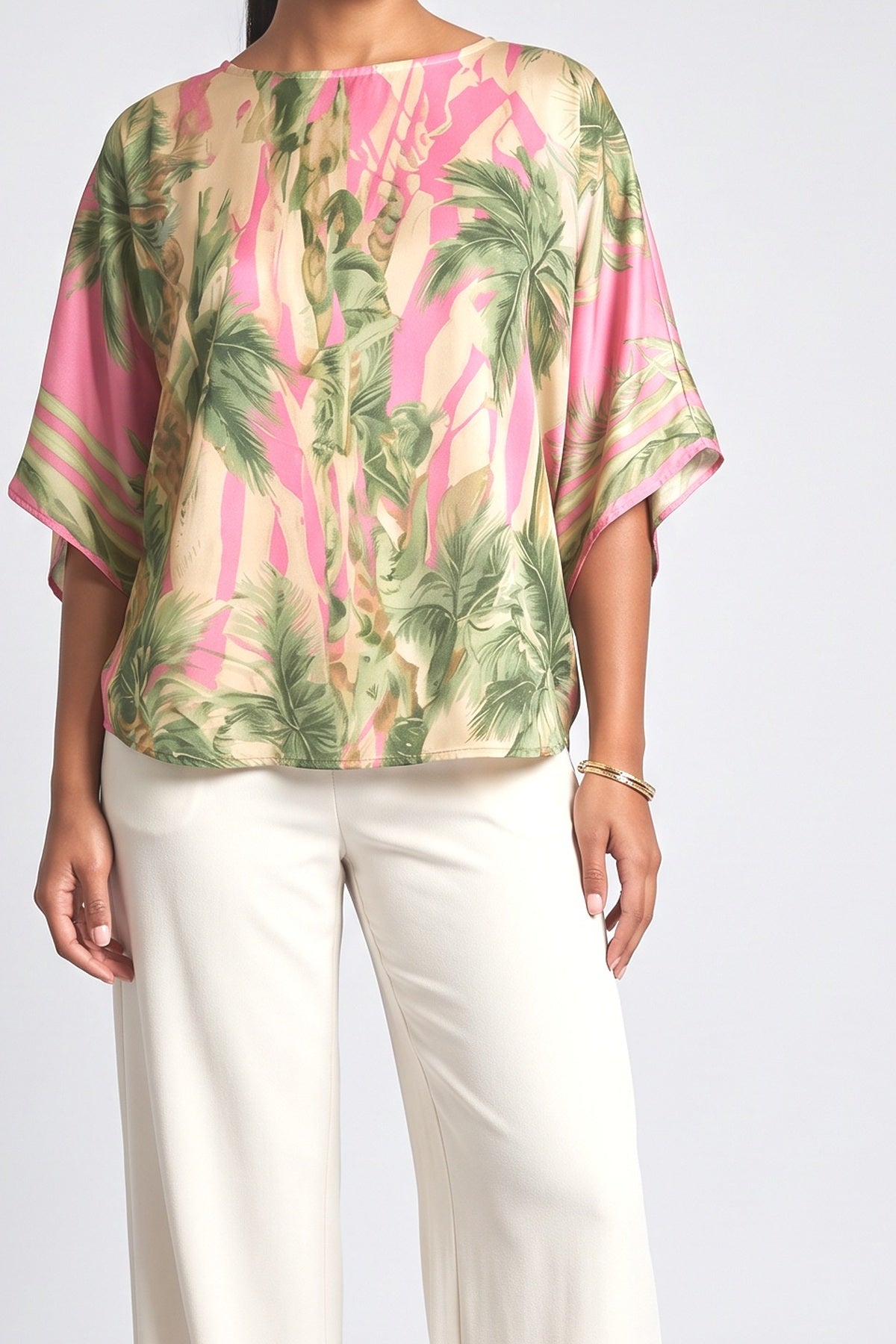 Tropical Batwing Sleeve Relaxed Top, fabric detail