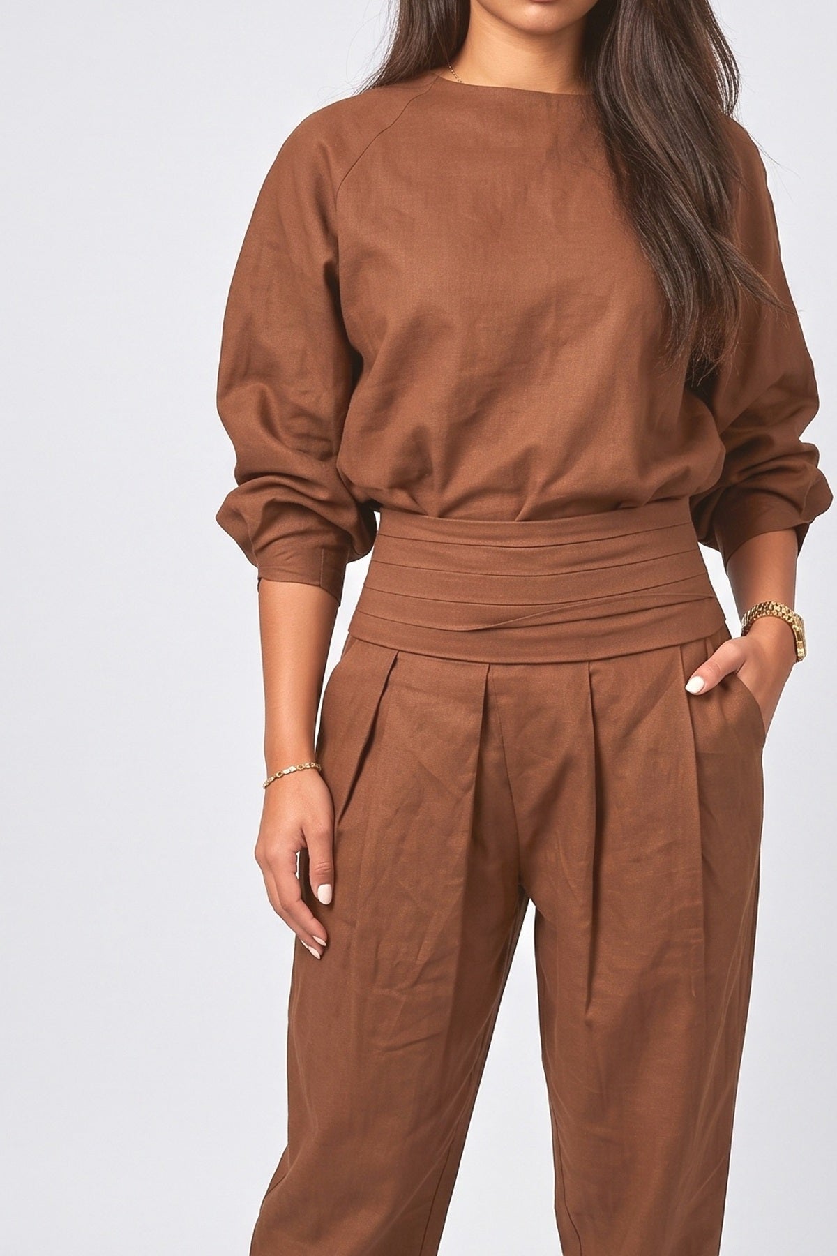 Brown Linen Oversized Top, fabric detail