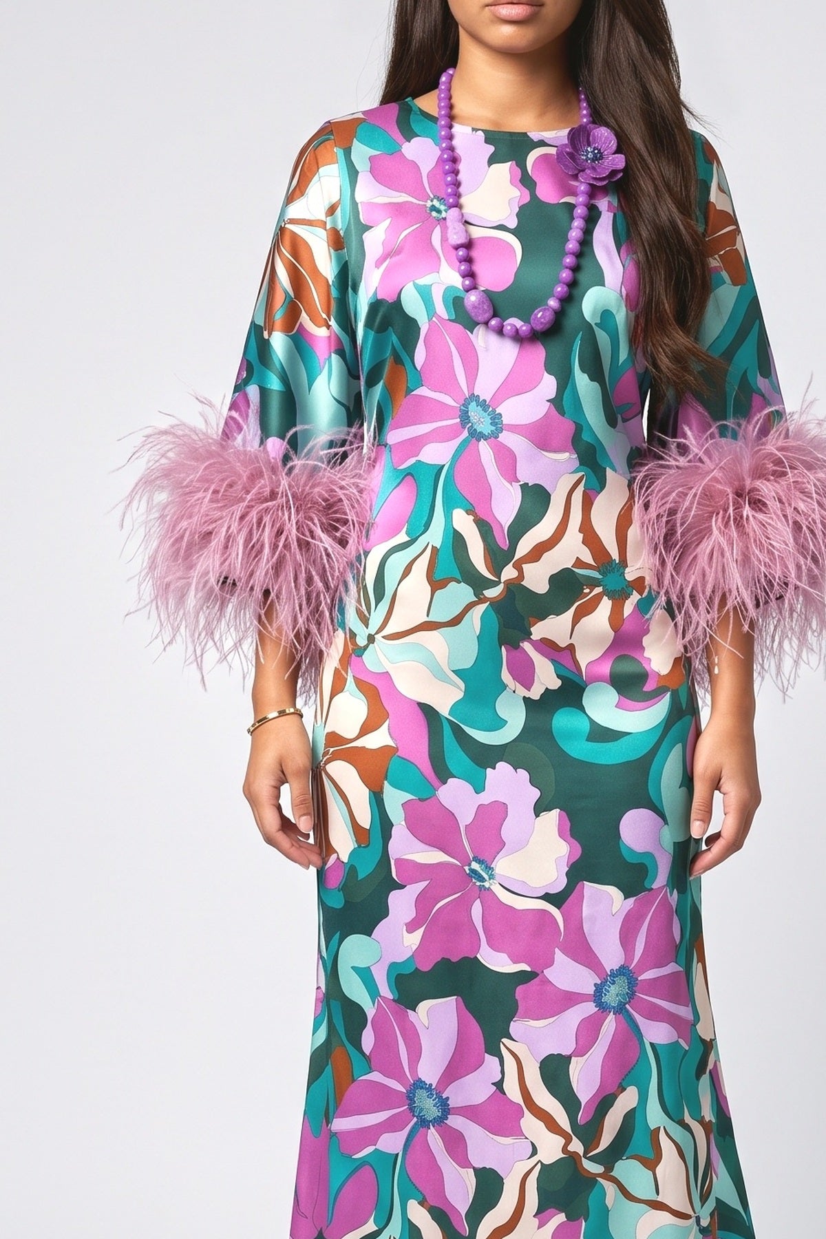 Multicolor Floral Satin Feather Trim Maxi Dress, fabric detail