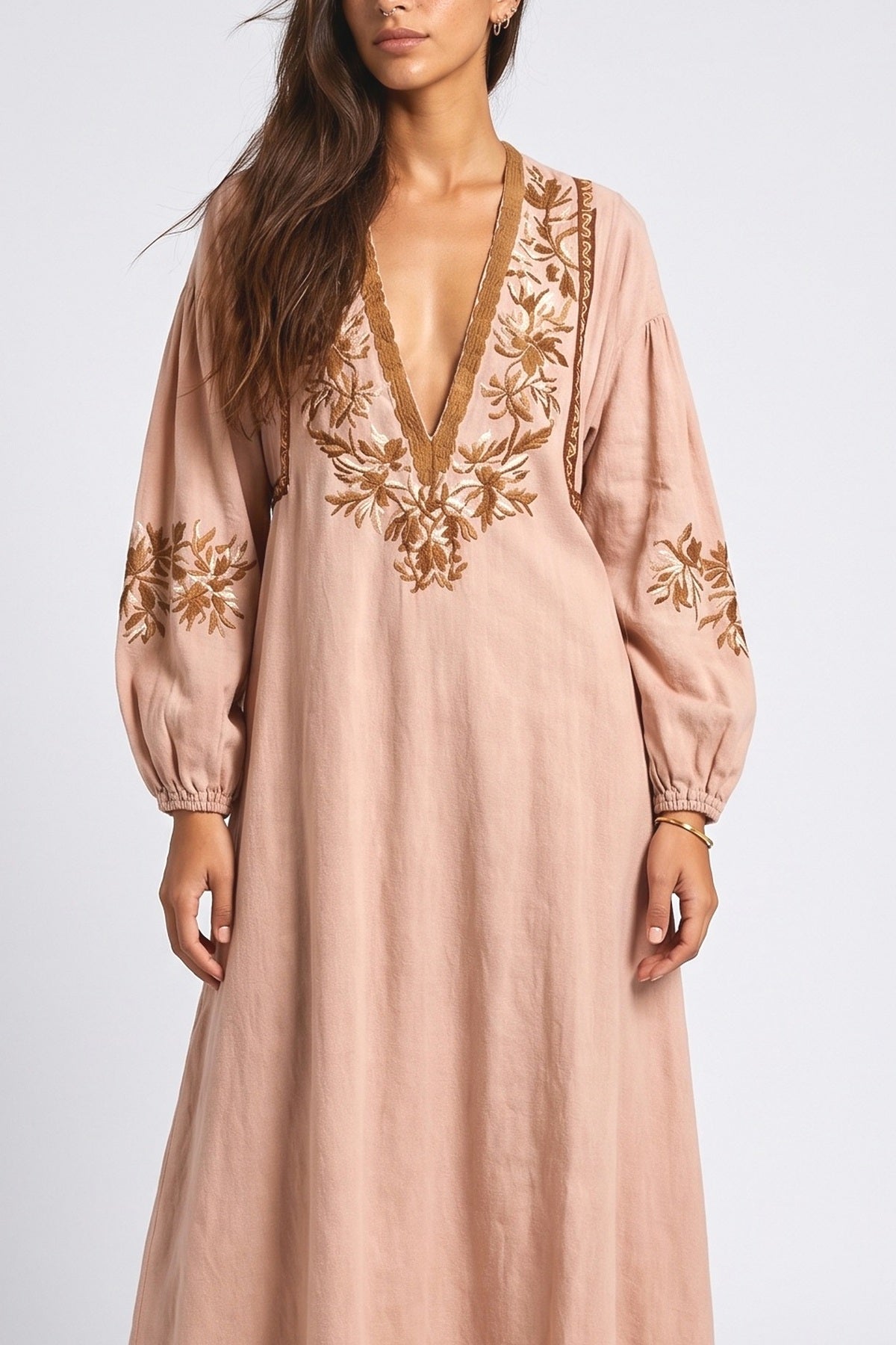 Pink Floral V-Neck Puff Sleeve Maxi Dress, fabric detail