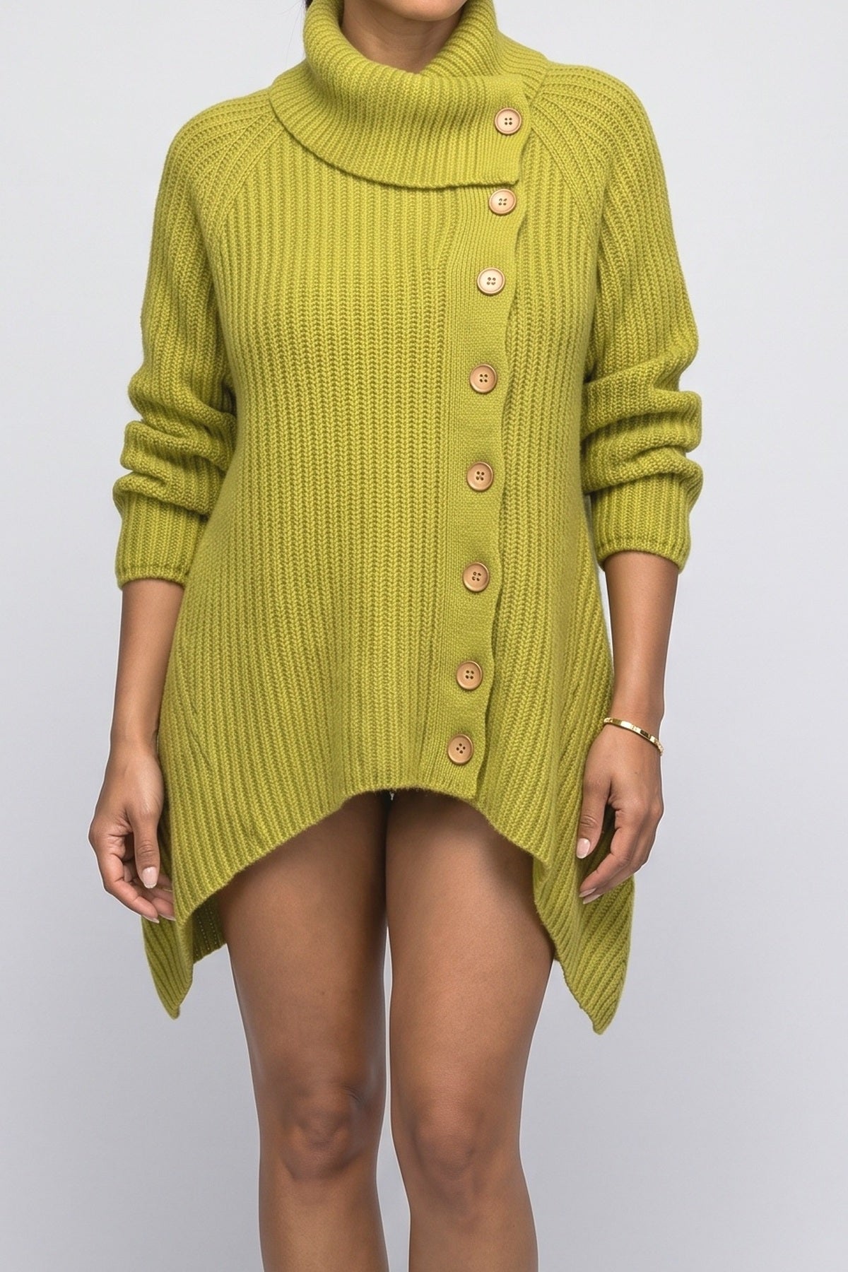 Green Knit High Neck Pullover Sweater, fabric detail