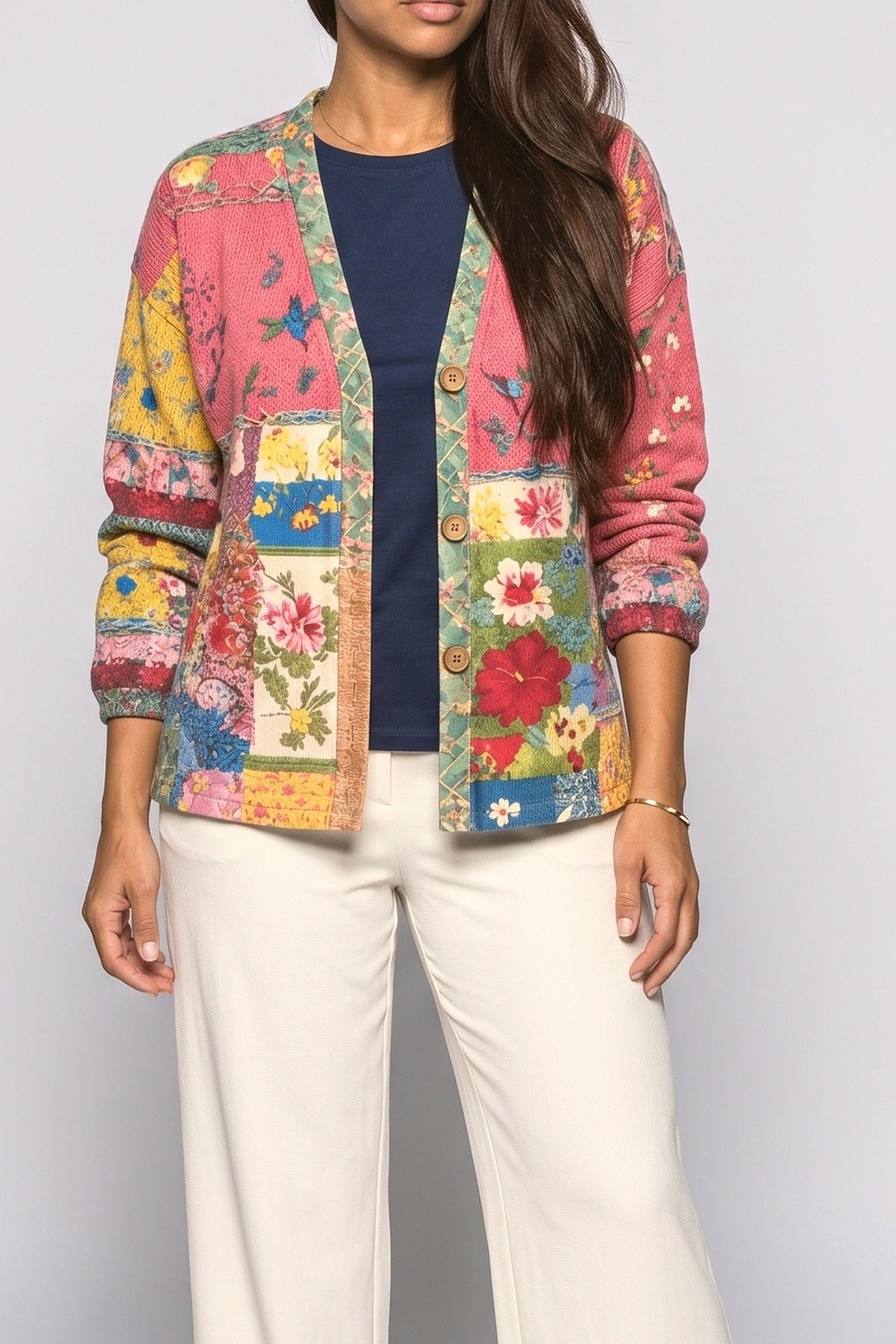 Pink Floral Knit Cardigan, fabric detail