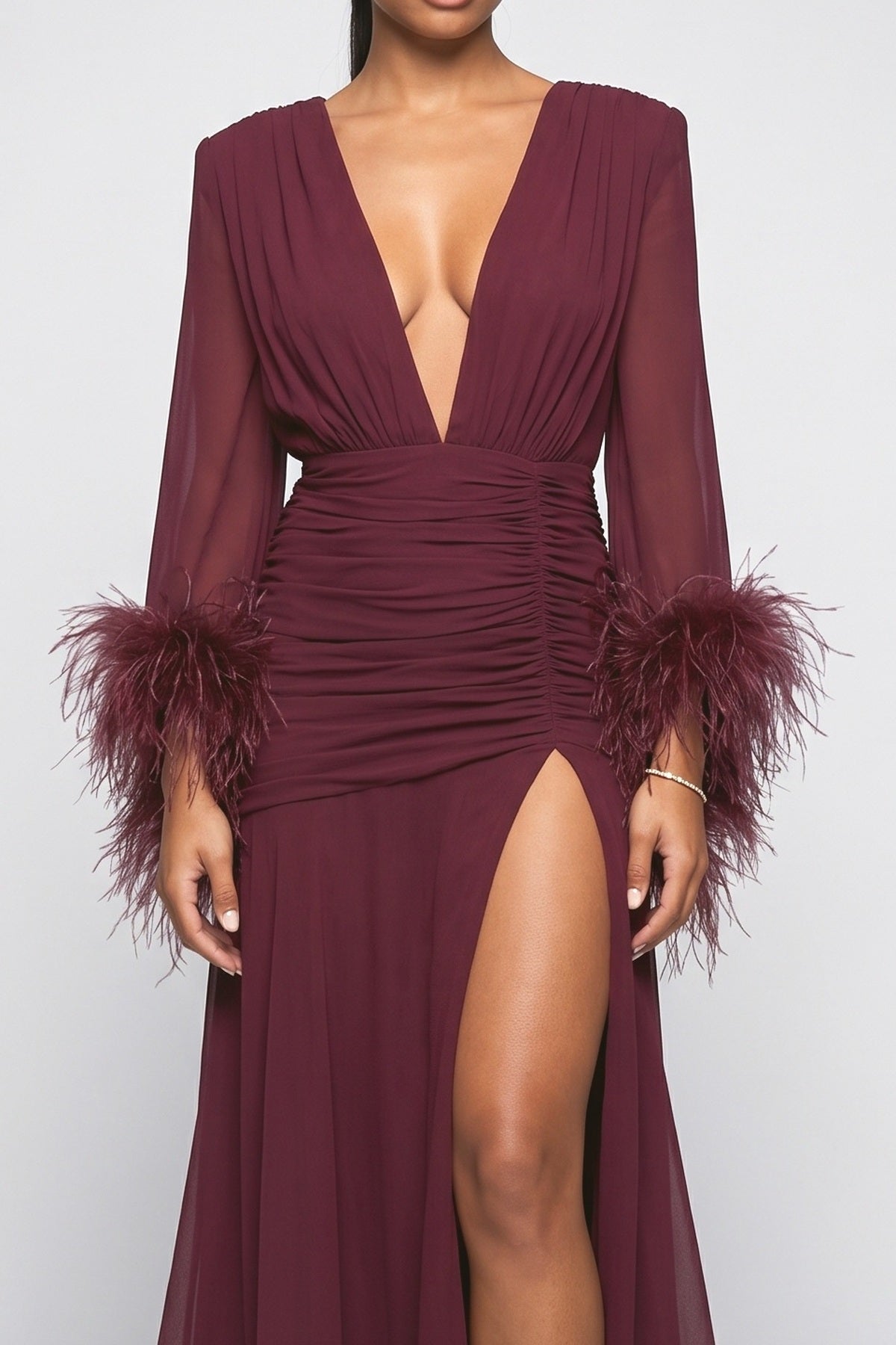 Burgundy Feather Trim Maxi Dress, fabric detail