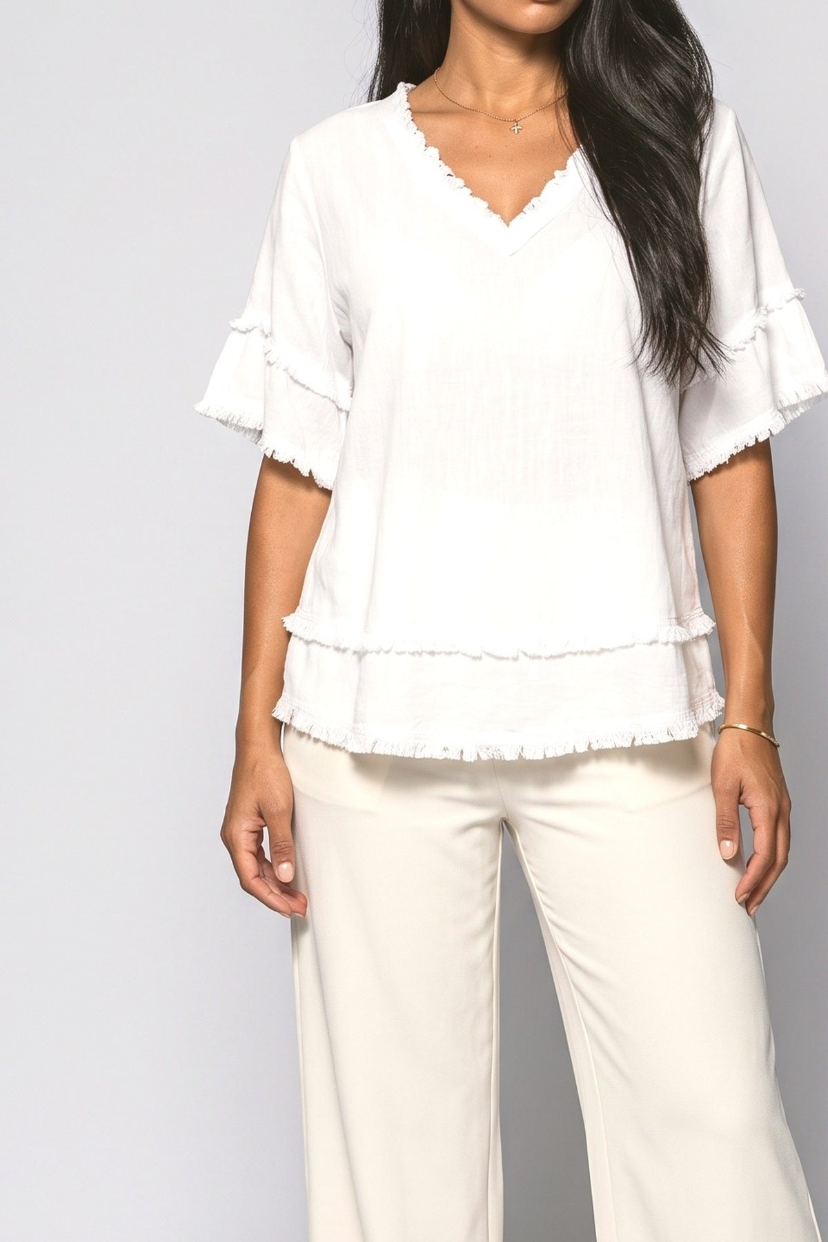 V-Neck Fringe Blouse, fabric detail