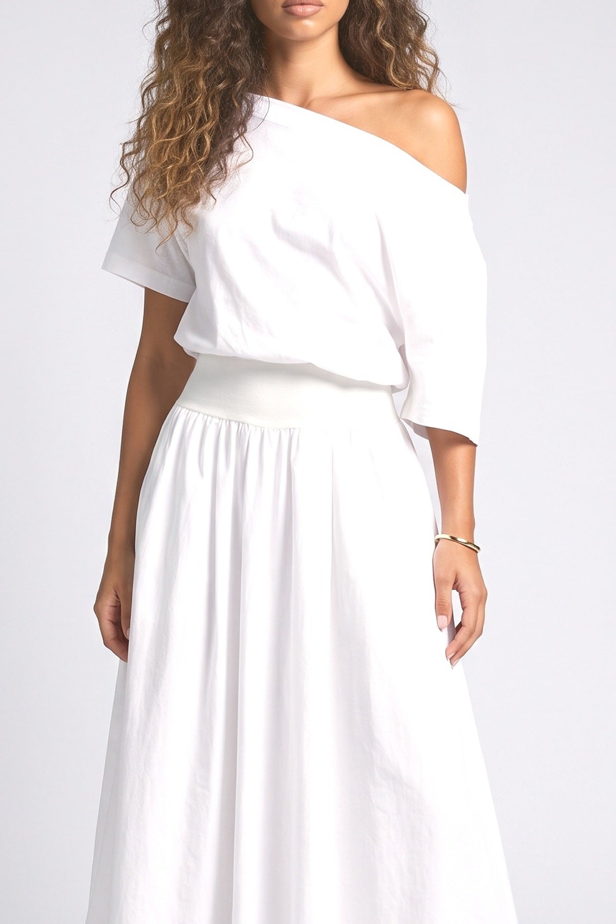 White Off-Shoulder A-Line Maxi Dress, fabric detail