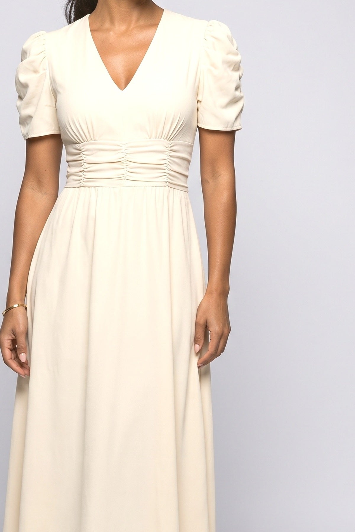 V-Neck Puff Sleeve Ruched Midi Dress, fabric detail