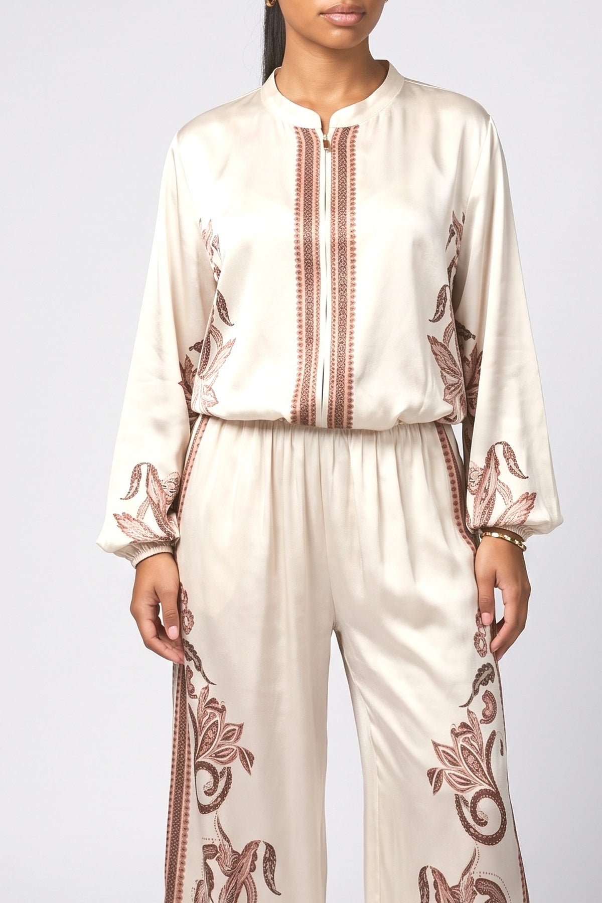 Beige Floral Satin Outfit Set, fabric detail