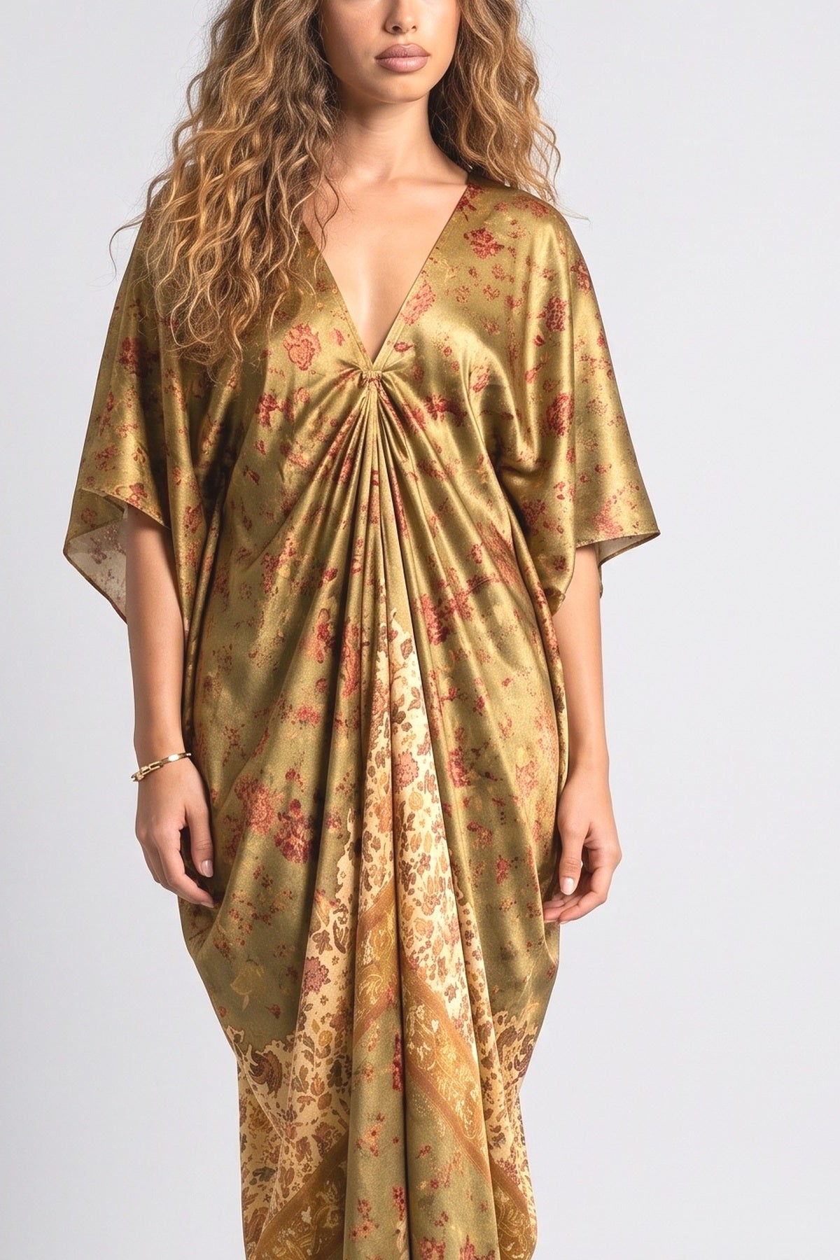 Multicolor Floral Satin Dress, fabric detail